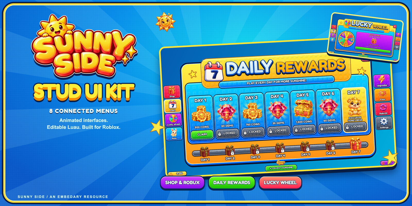 SUNNY SIDE Roblox Stud UI Kit with daily rewards and colourful menus