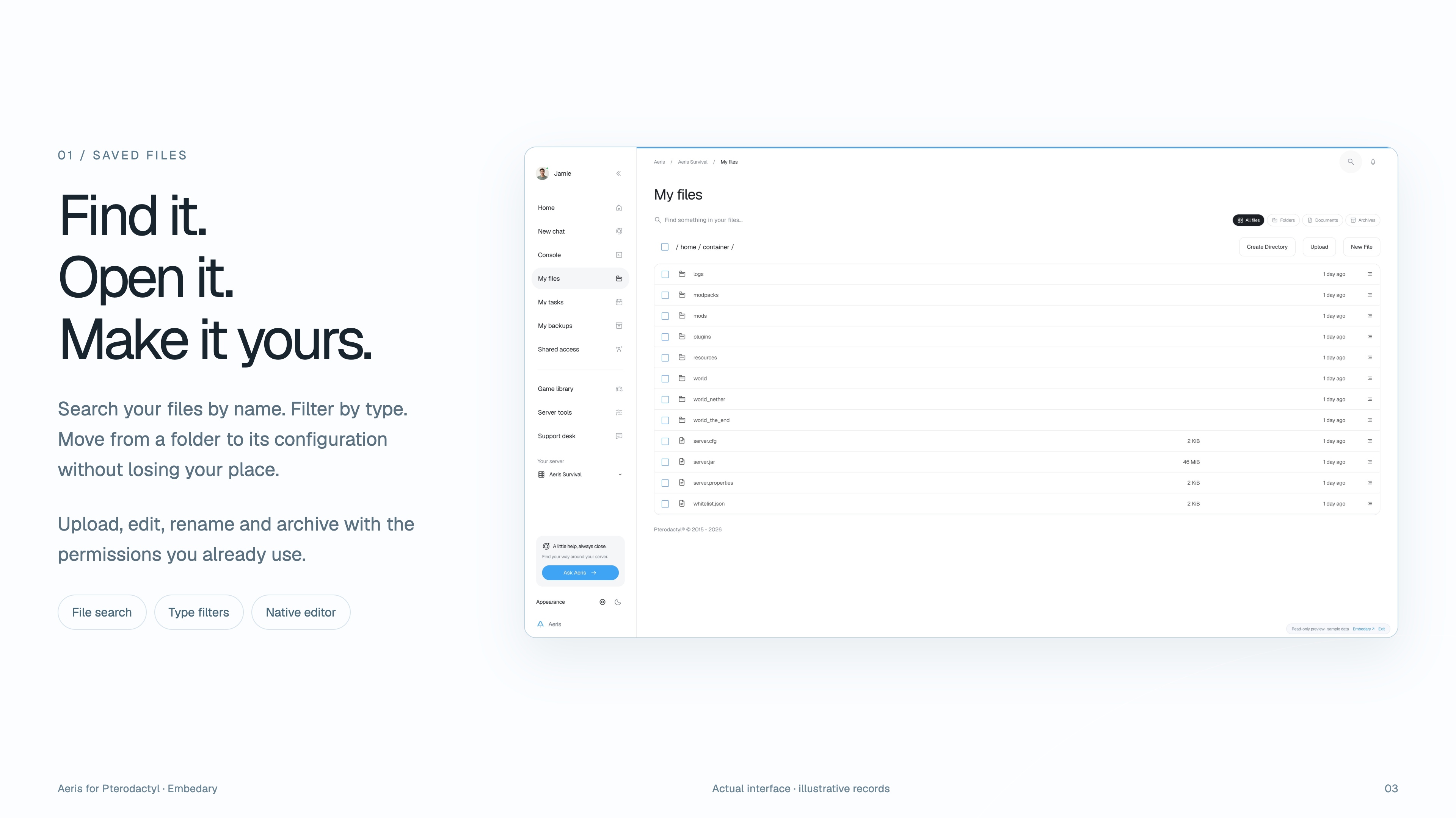 Aeris file library with a search field, type filters, folders and native file operations.