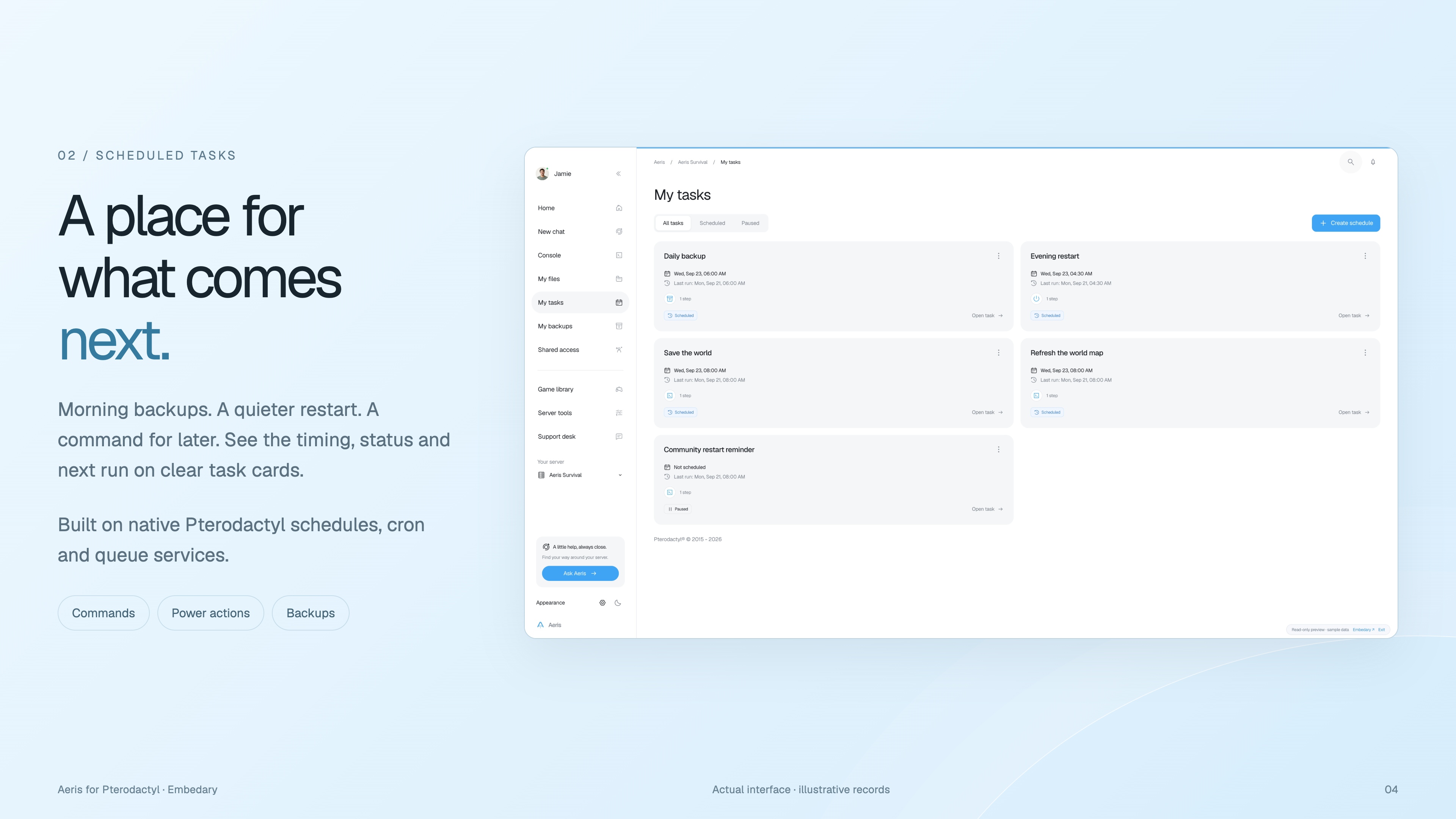 Aeris scheduled task cards with timing, status, next run and contextual actions.