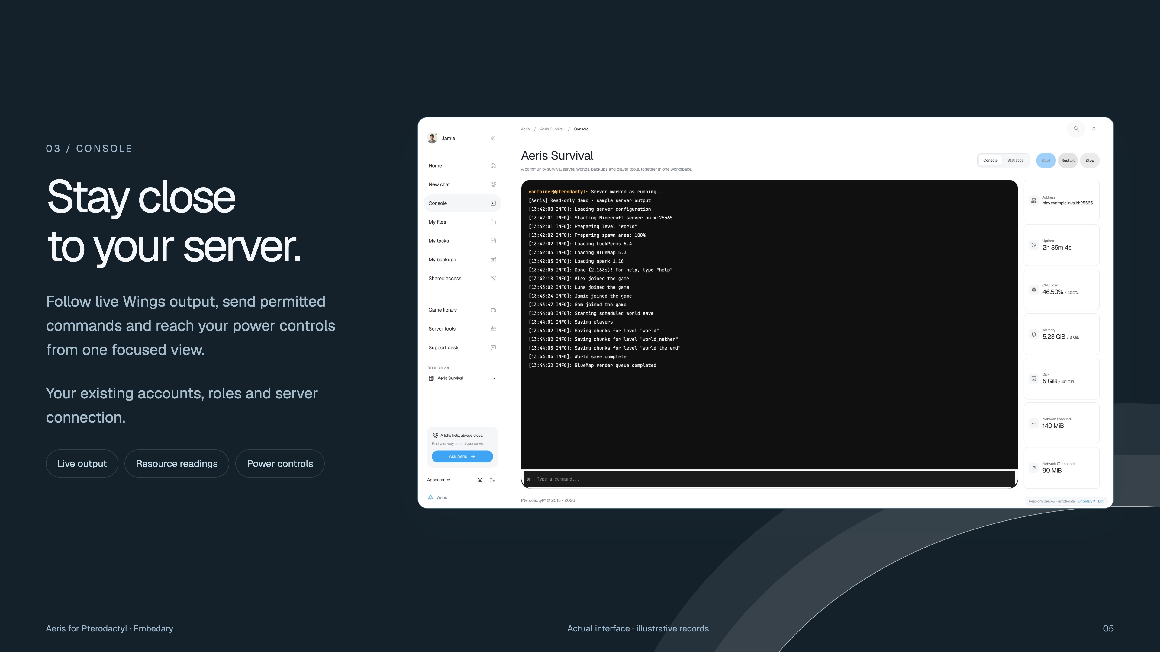 Aeris native-style console workspace with resource readings and power controls.
