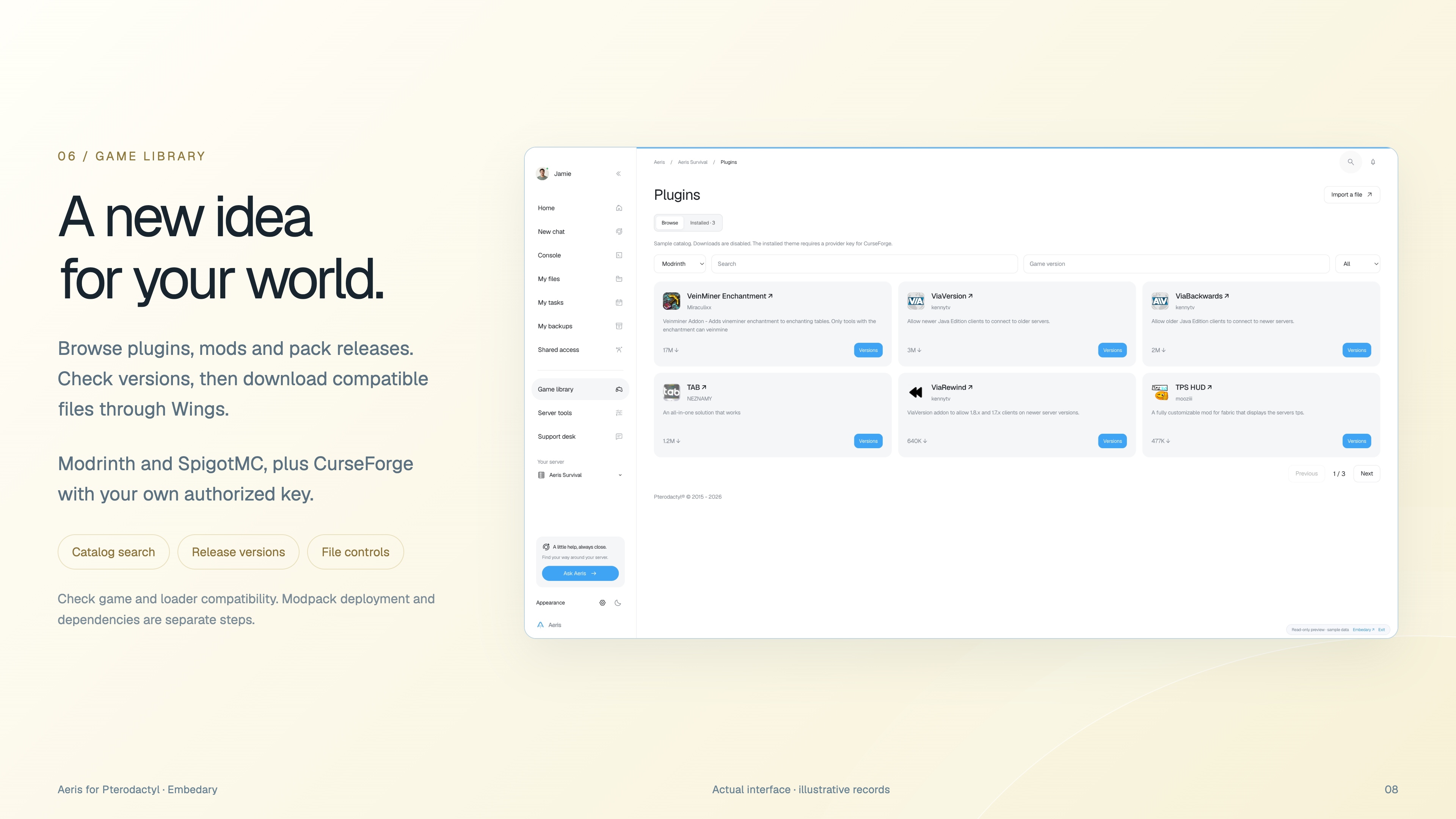 Aeris extension catalog with project cards and release controls.