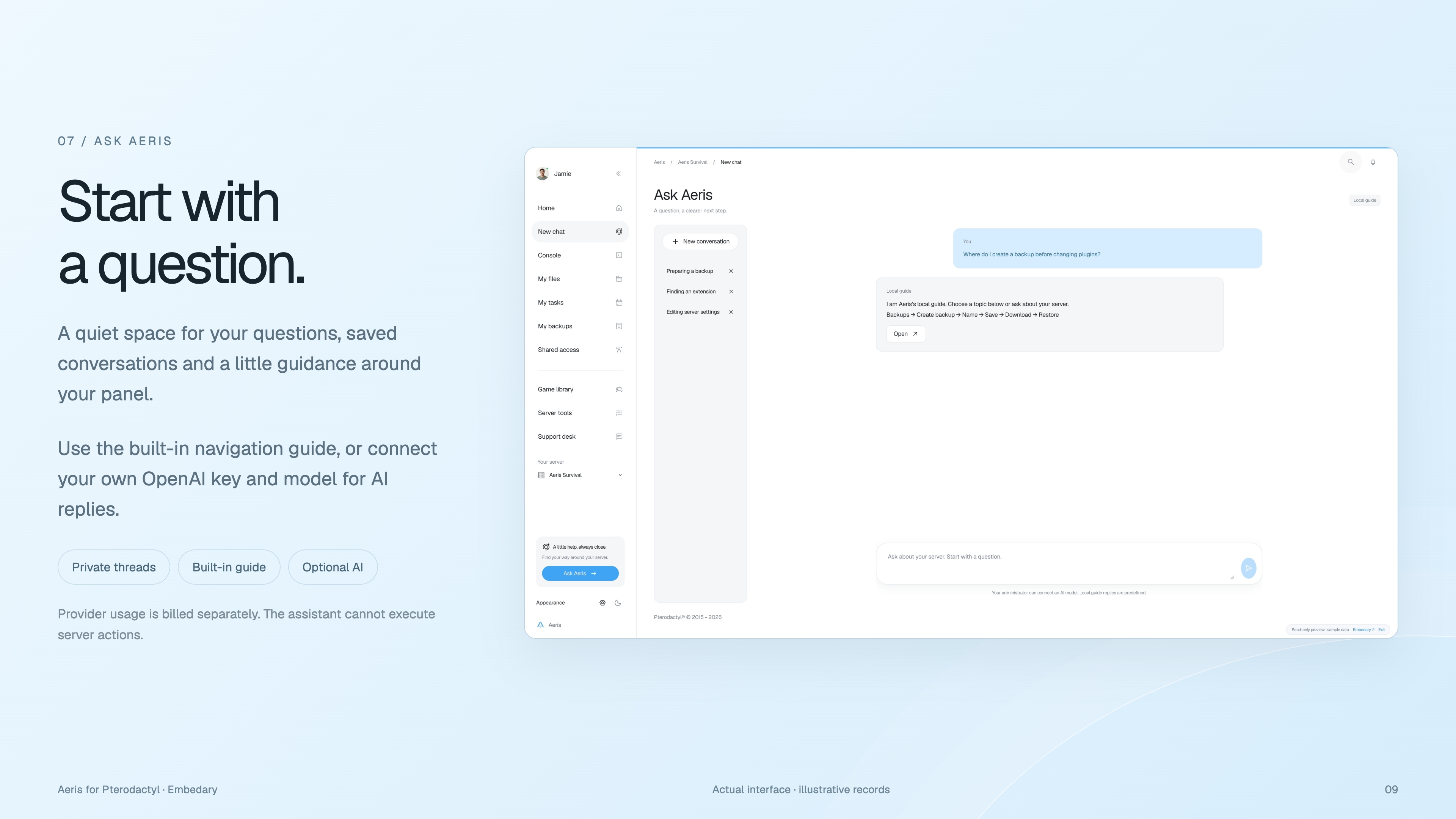 Aeris assistant interface with private threads and a message composer.