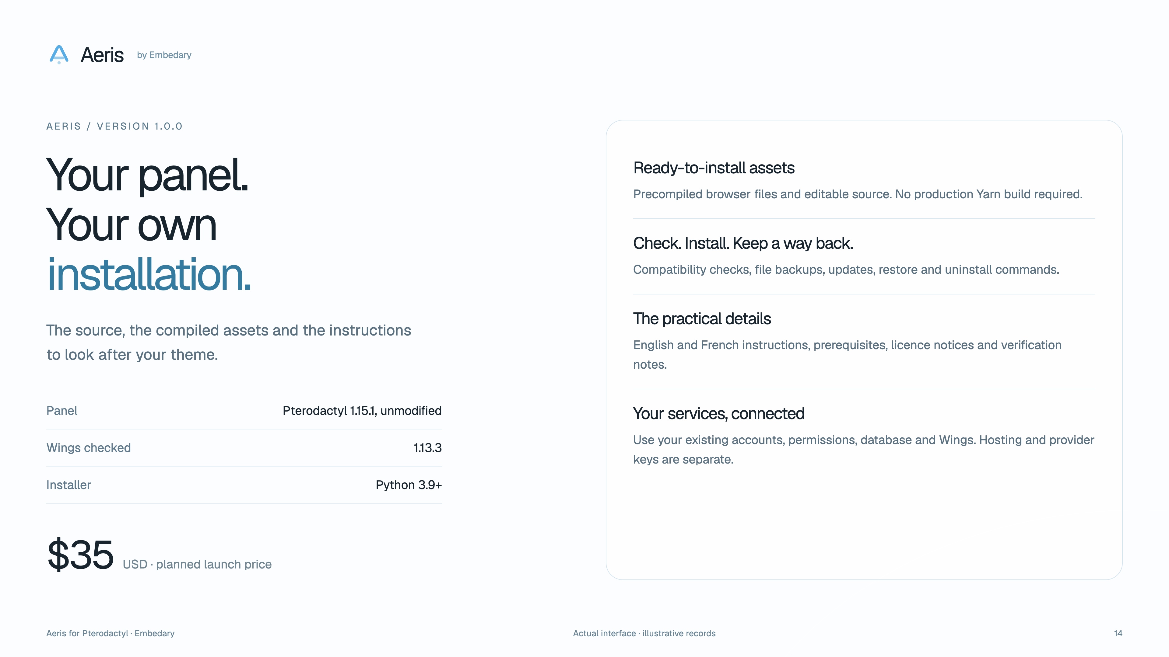 Aeris package contents, Pterodactyl compatibility, installer and planned price of 35 USD.