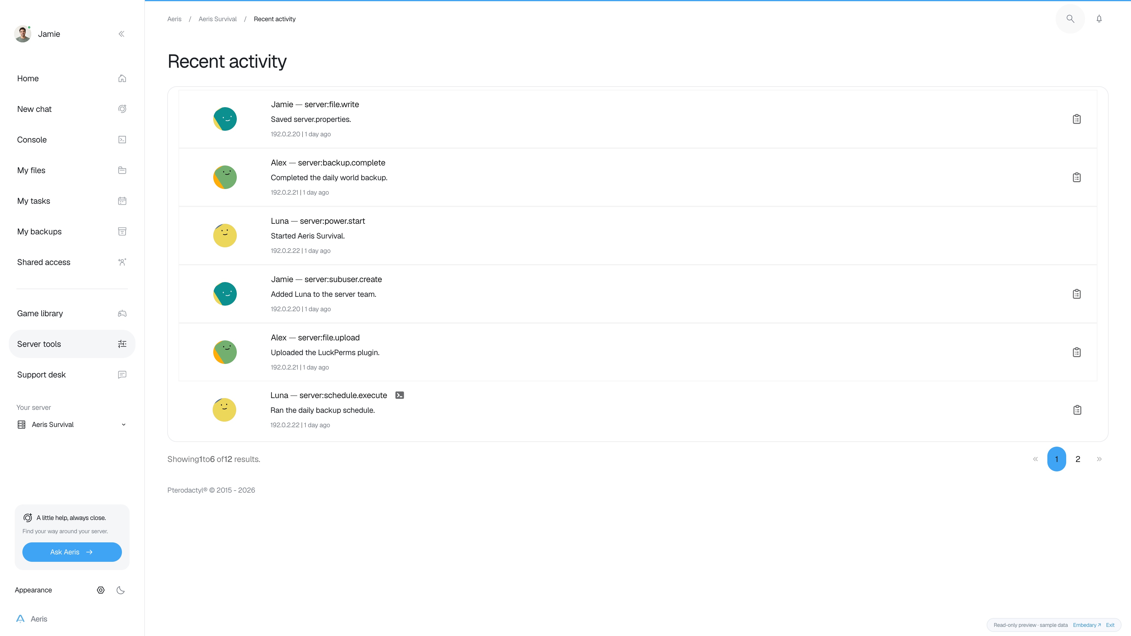 Aeris — Server activity · sample data