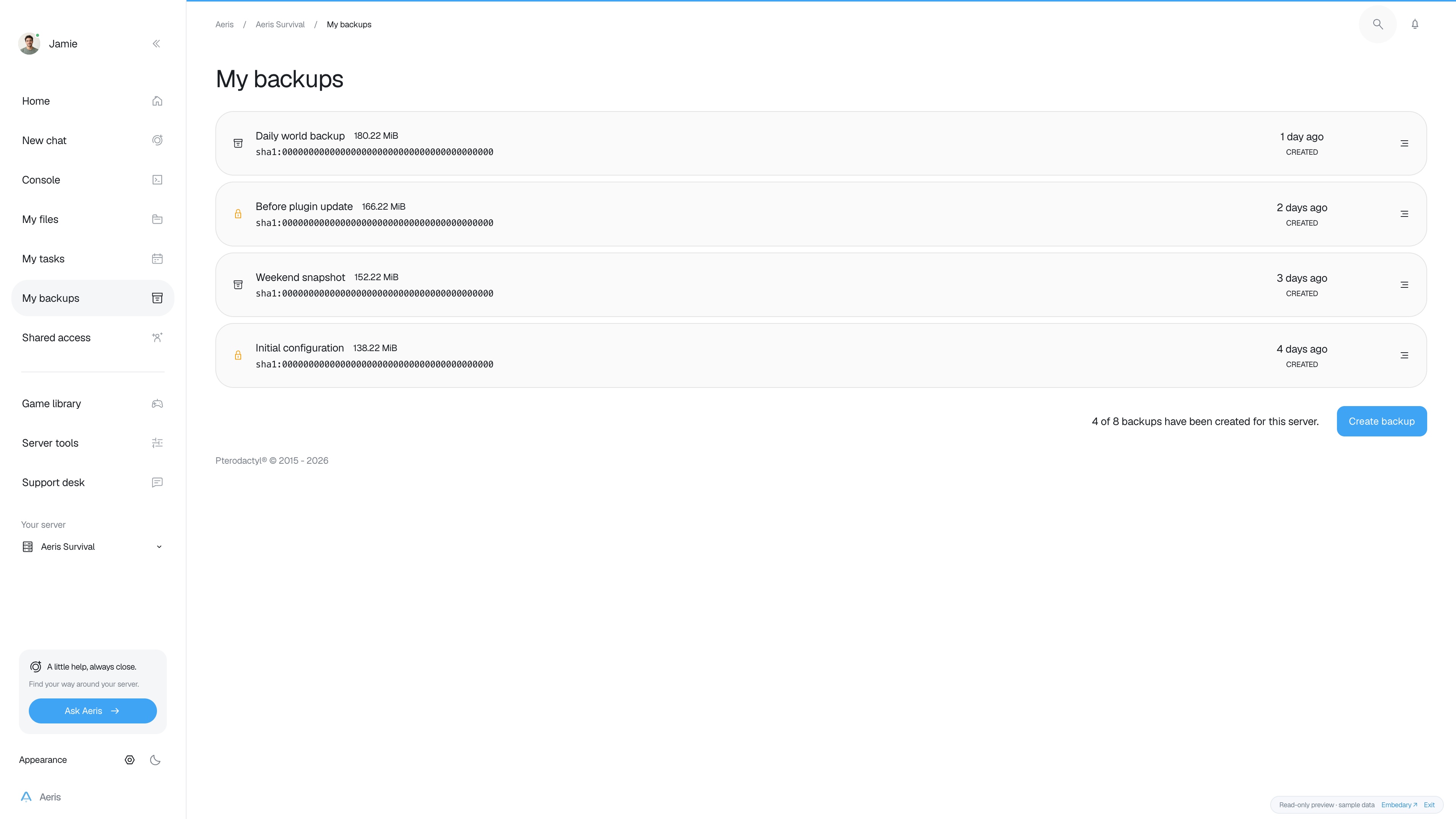 Aeris — Backups · sample data