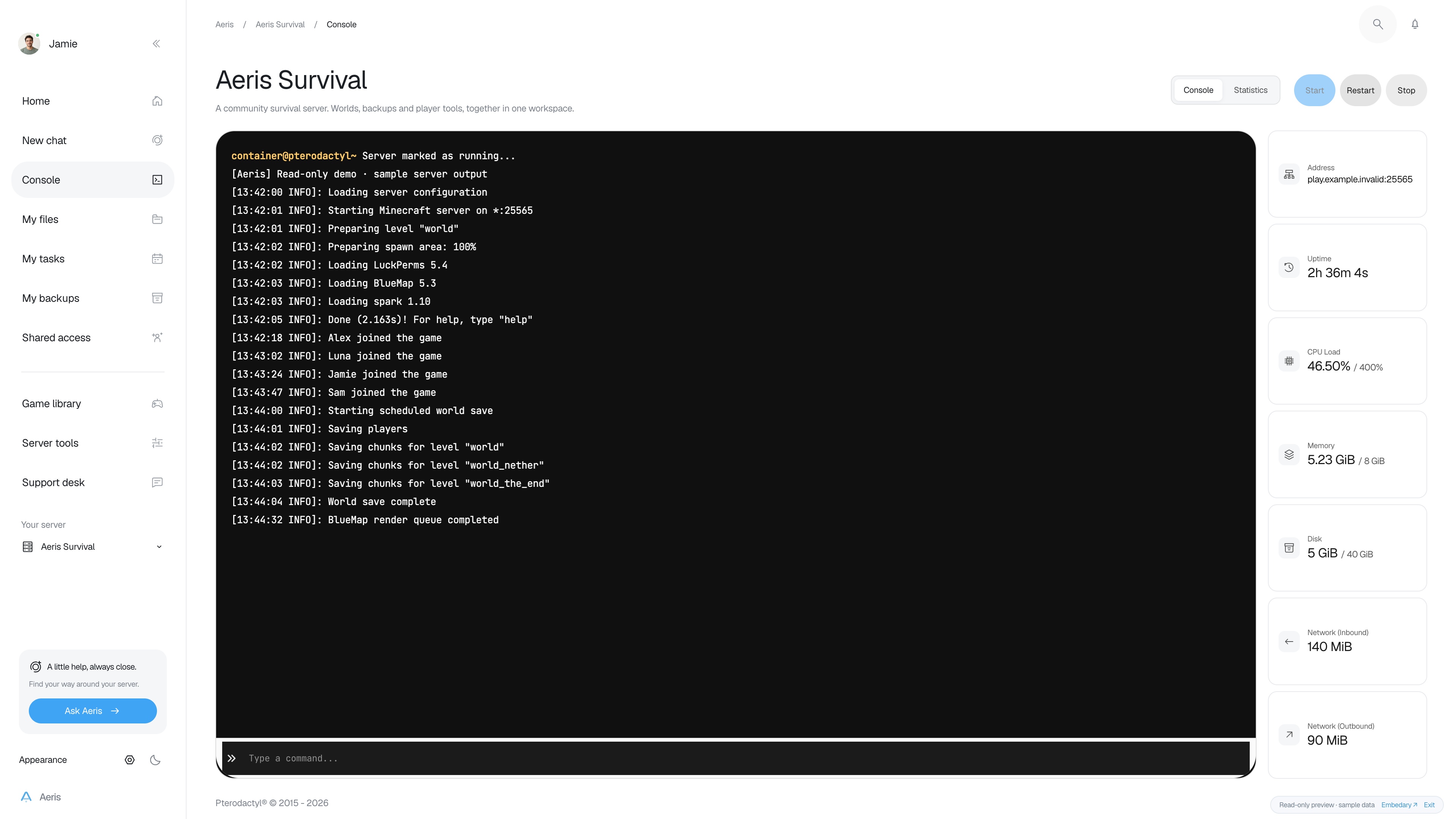 Aeris — Console · sample data