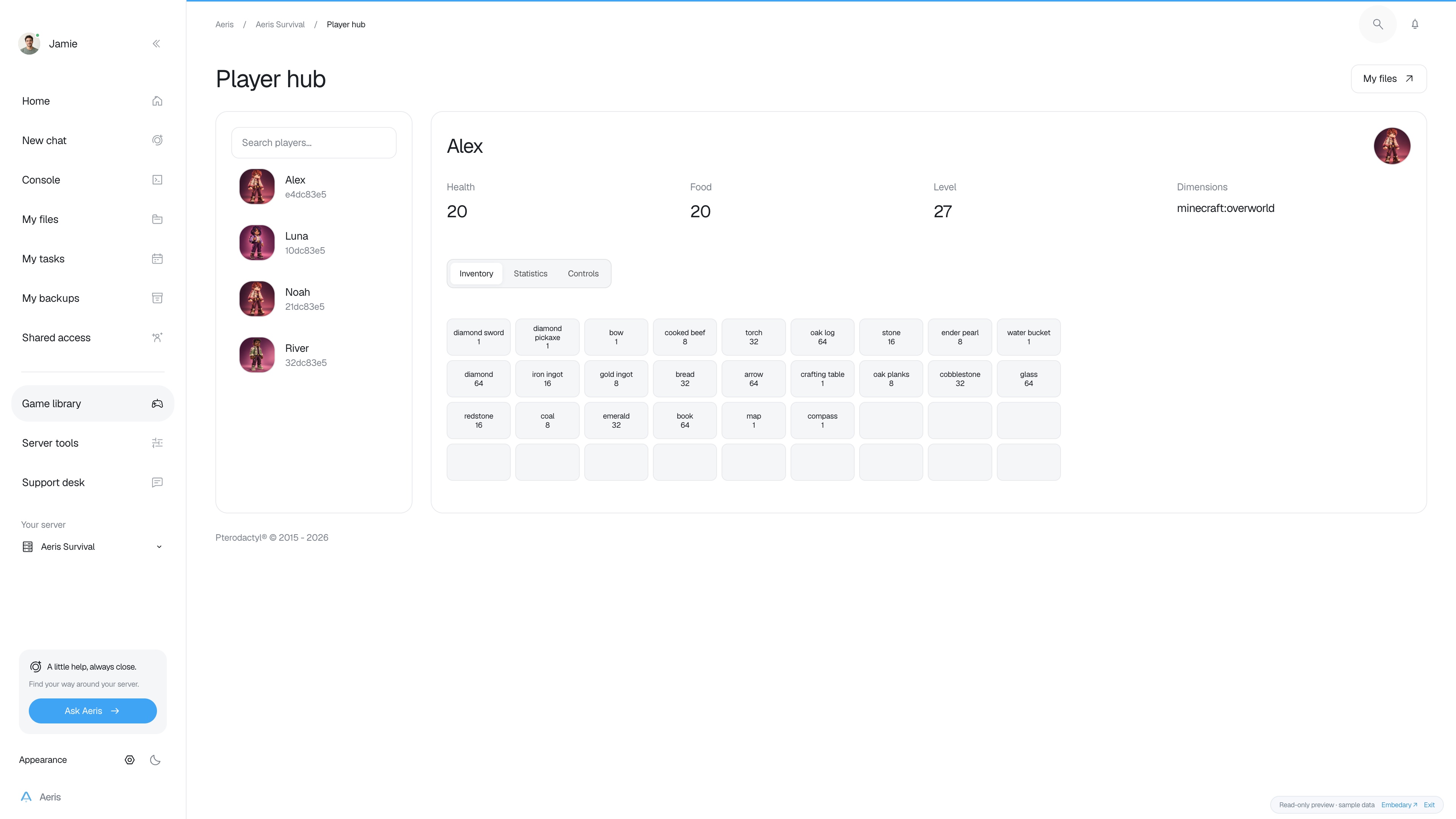 Aeris — Player library · sample data