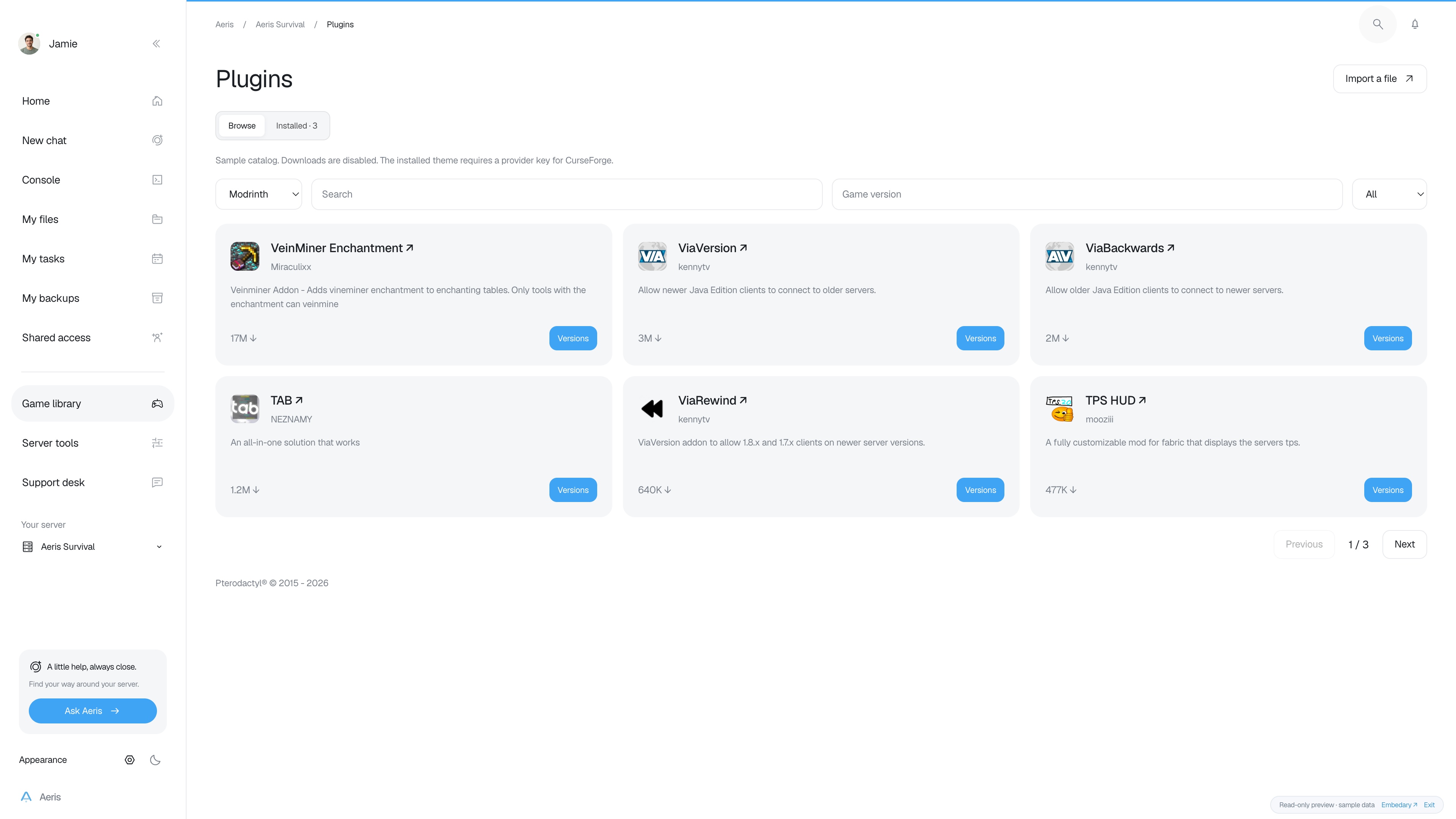 Aeris — Plugins · sample data