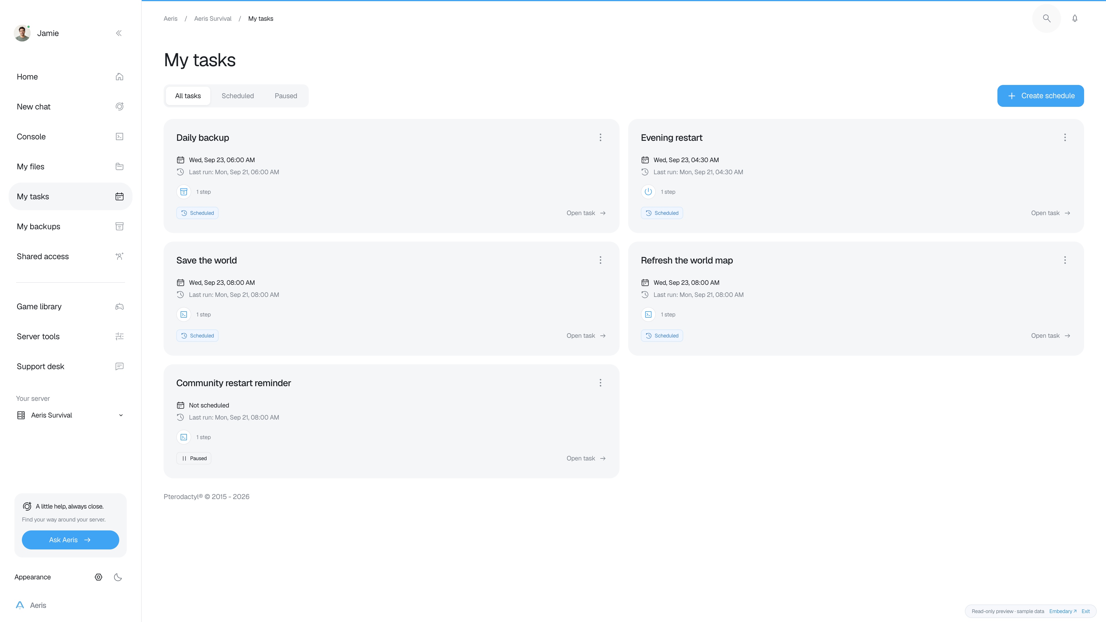 Aeris — My tasks · sample data