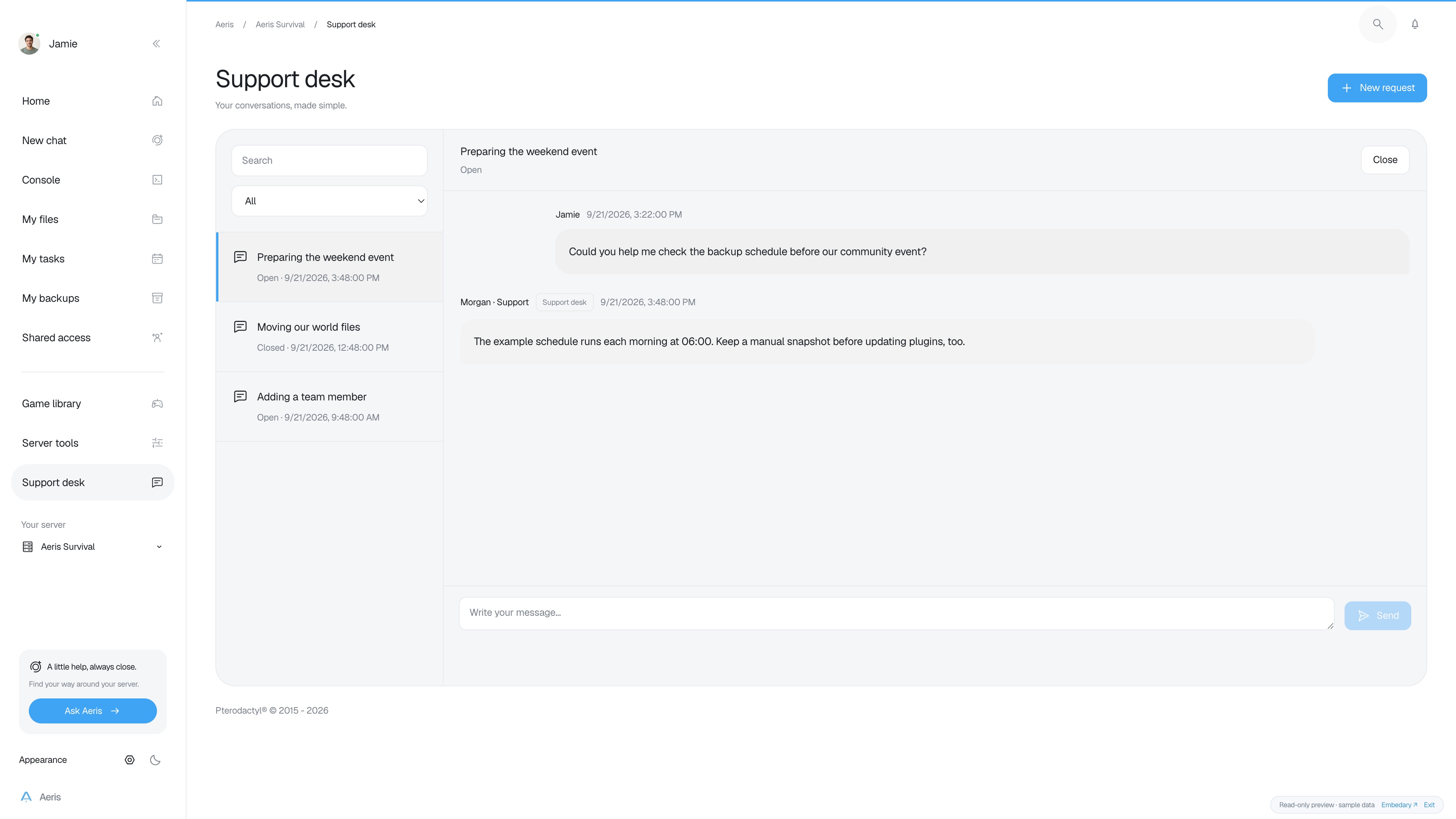 Aeris — Support conversations · sample data