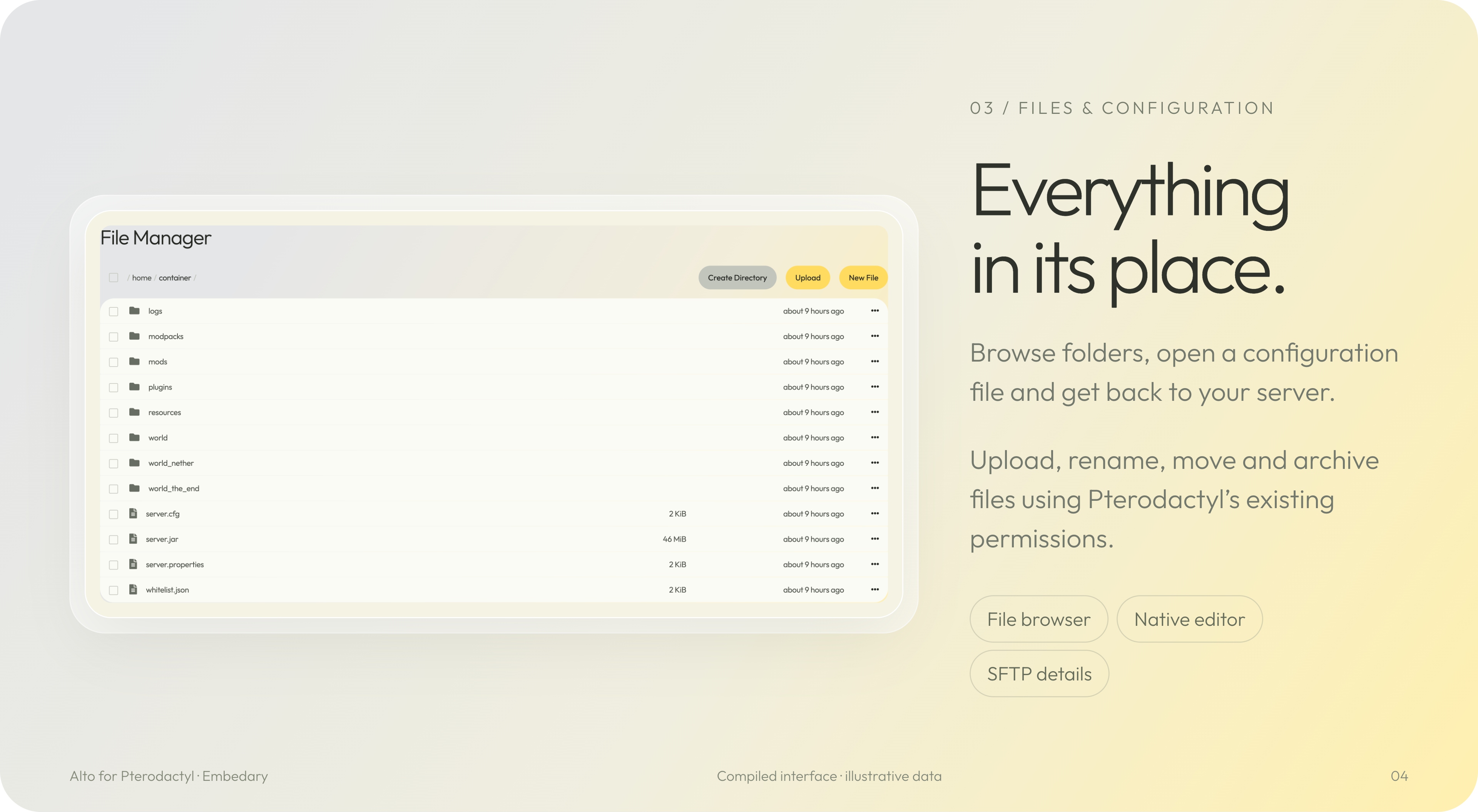 Alto file browser with sample folders, file names and native file management controls.