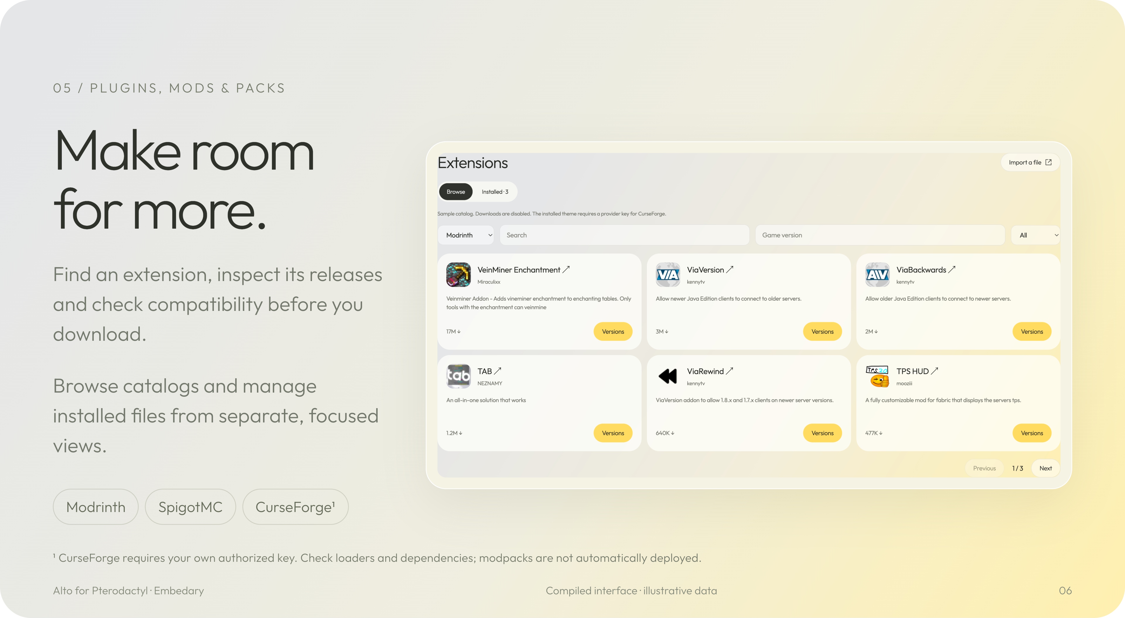 Plugin, mod and modpack catalogs in Alto, including separate browsing and installed-file tabs.