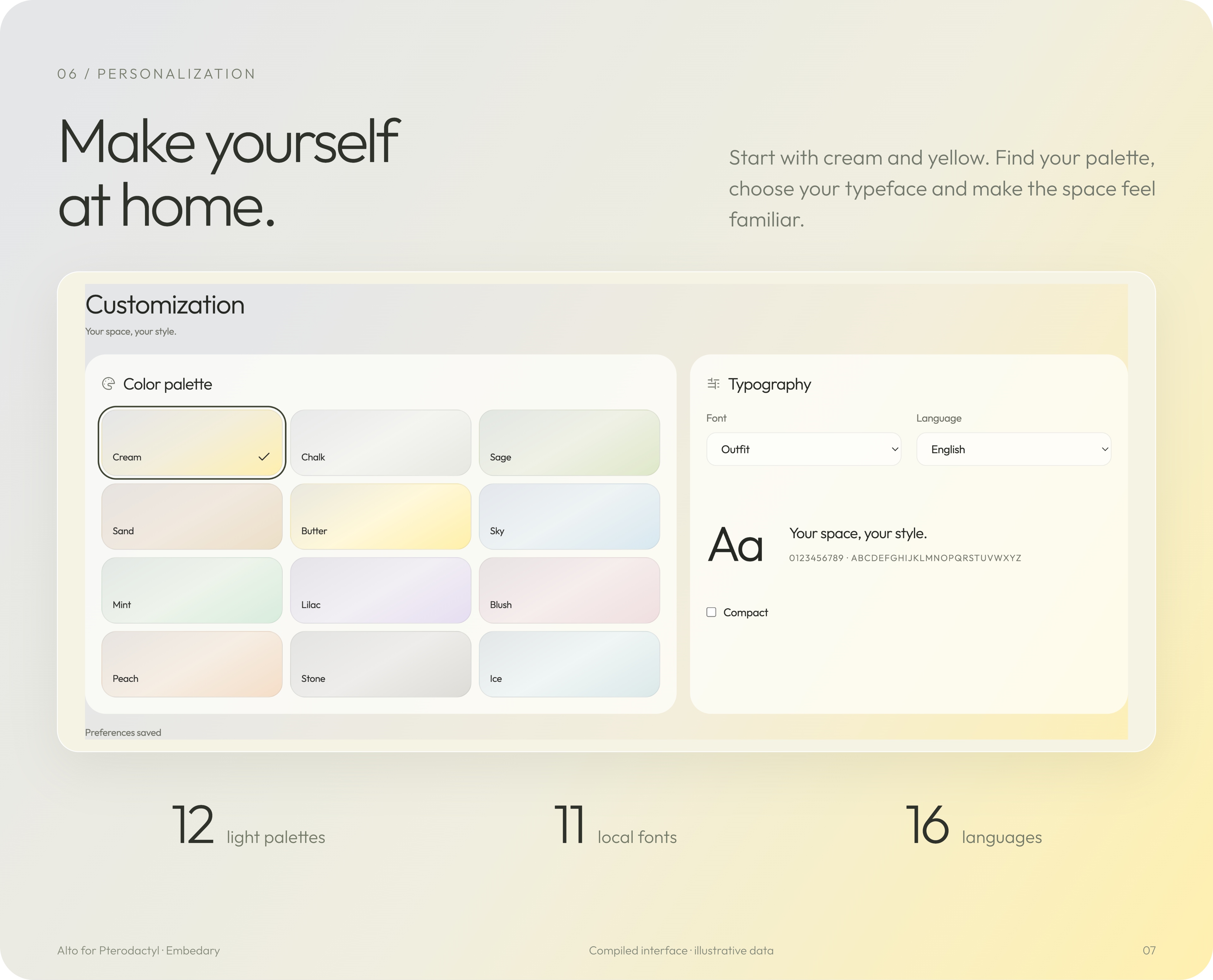 Alto appearance settings with twelve light palettes, eleven local fonts and sixteen interface languages.