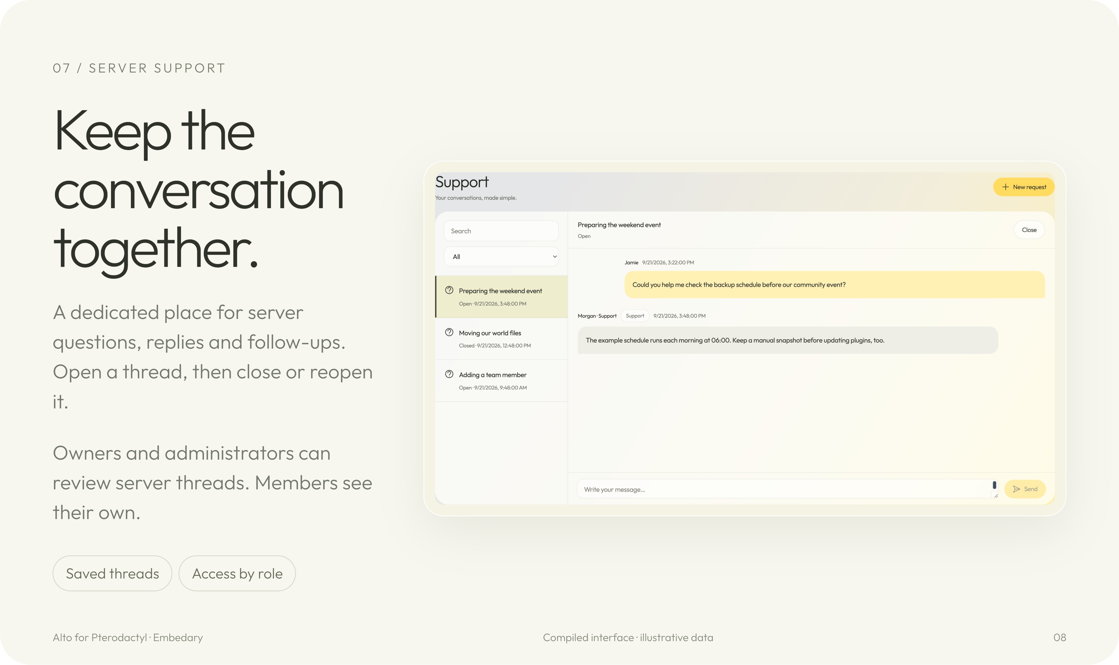 Alto support workspace with saved server threads and a sample conversation.