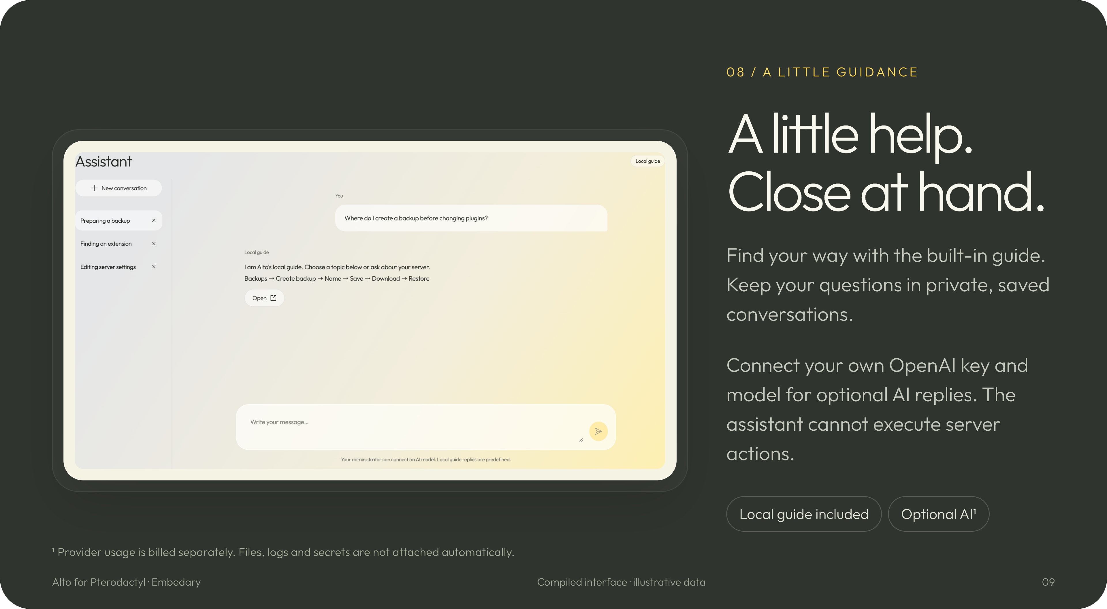 Alto private assistant conversations and the built-in navigation guide, with optional provider configuration.