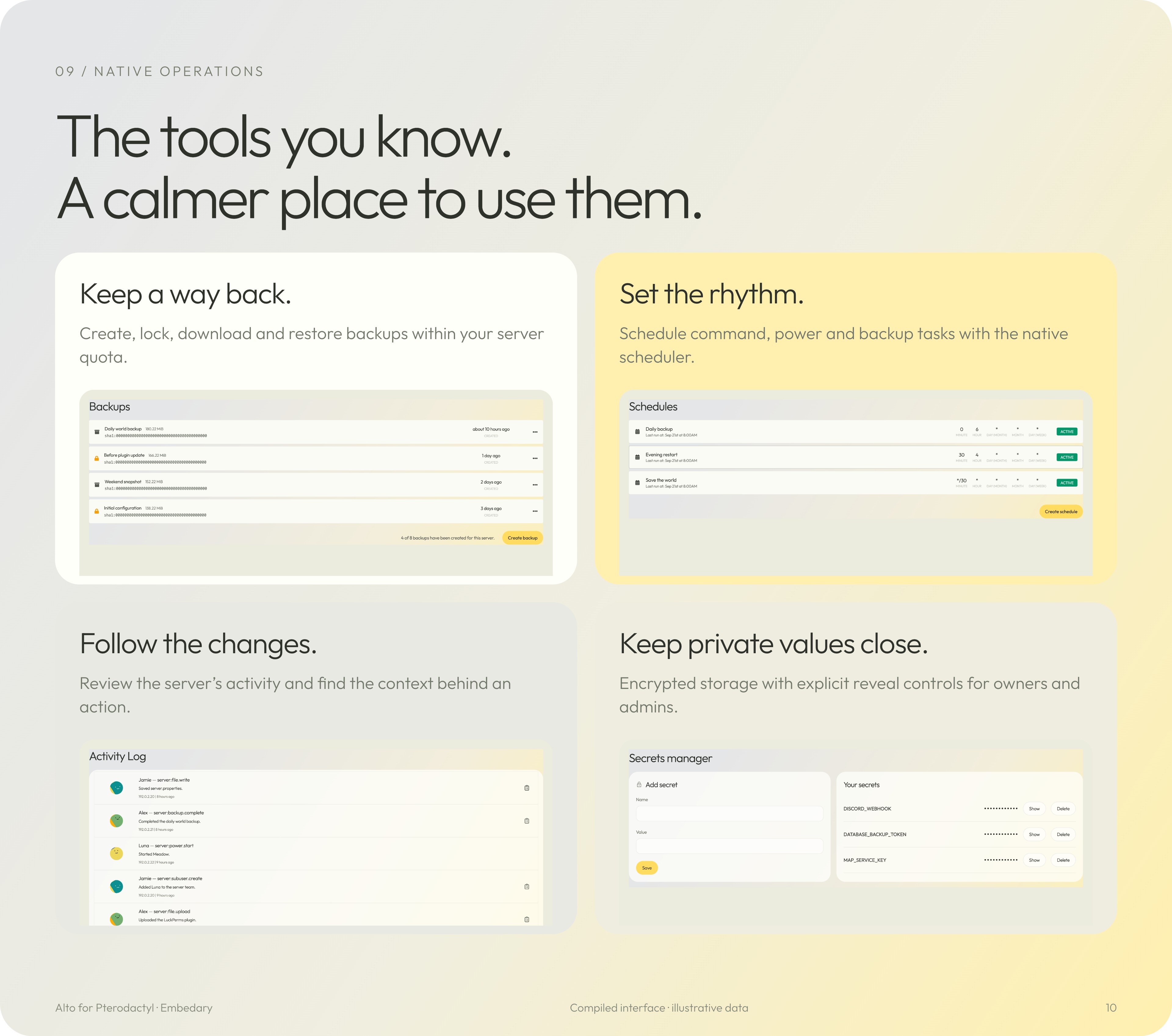 Alto backups, scheduled tasks, activity logs and encrypted secrets workspaces.