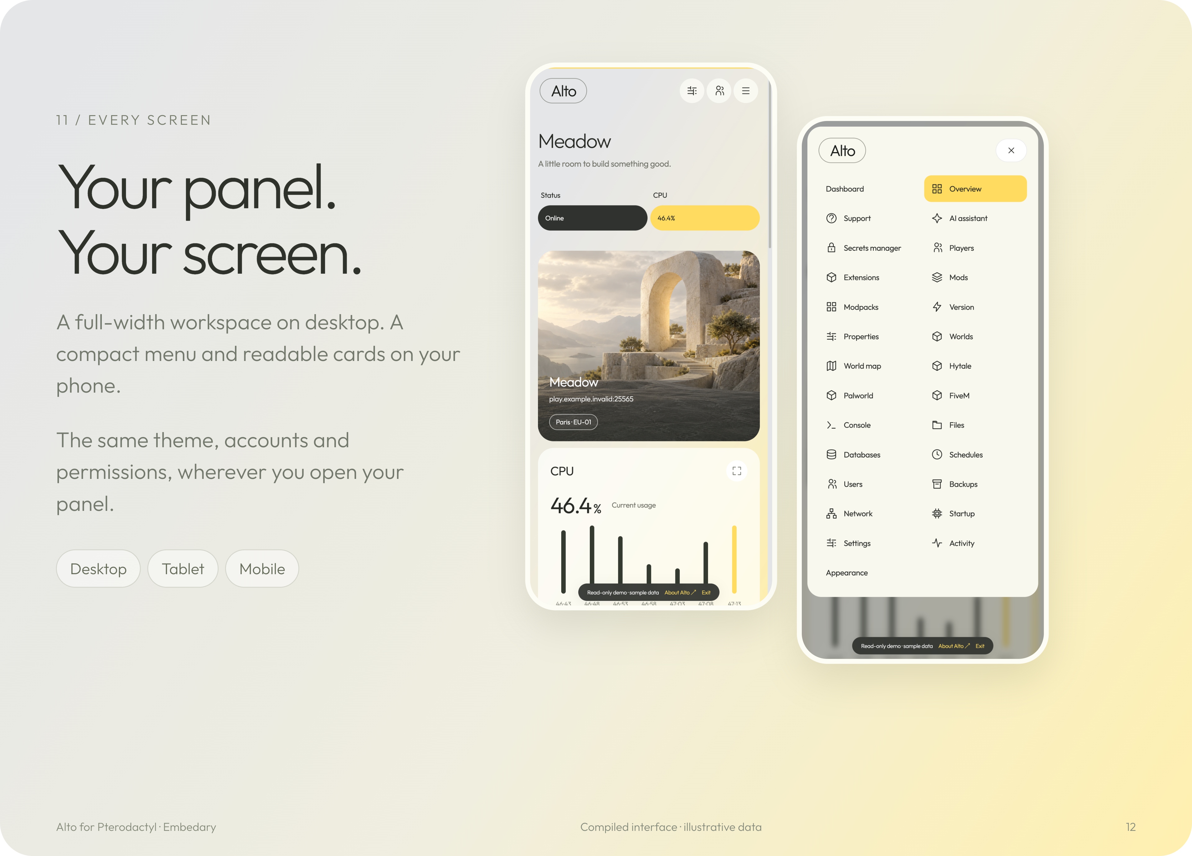Actual Alto mobile overview and navigation drawer beside an explanation of responsive layouts.