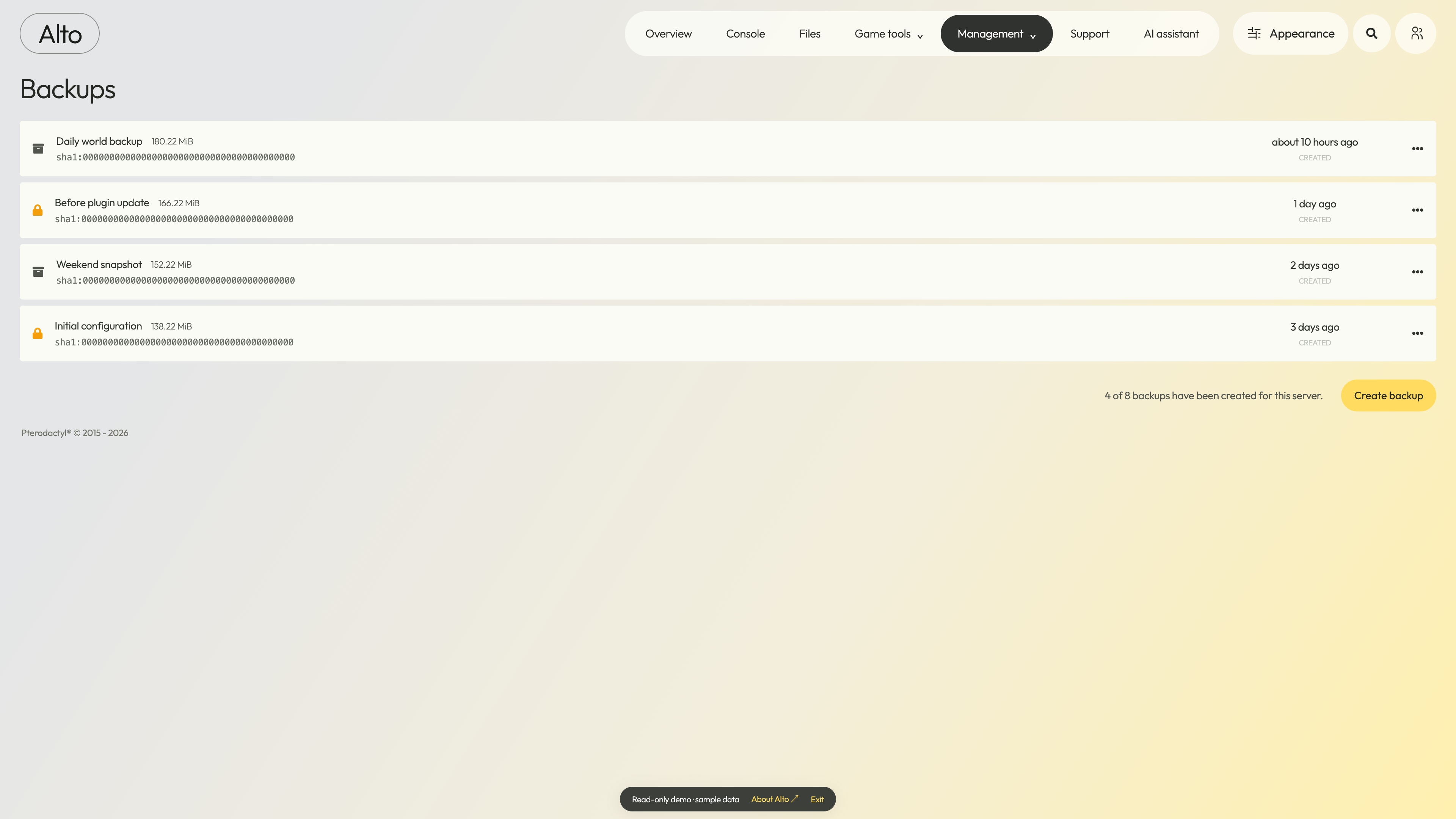Alto — Backups · sample data