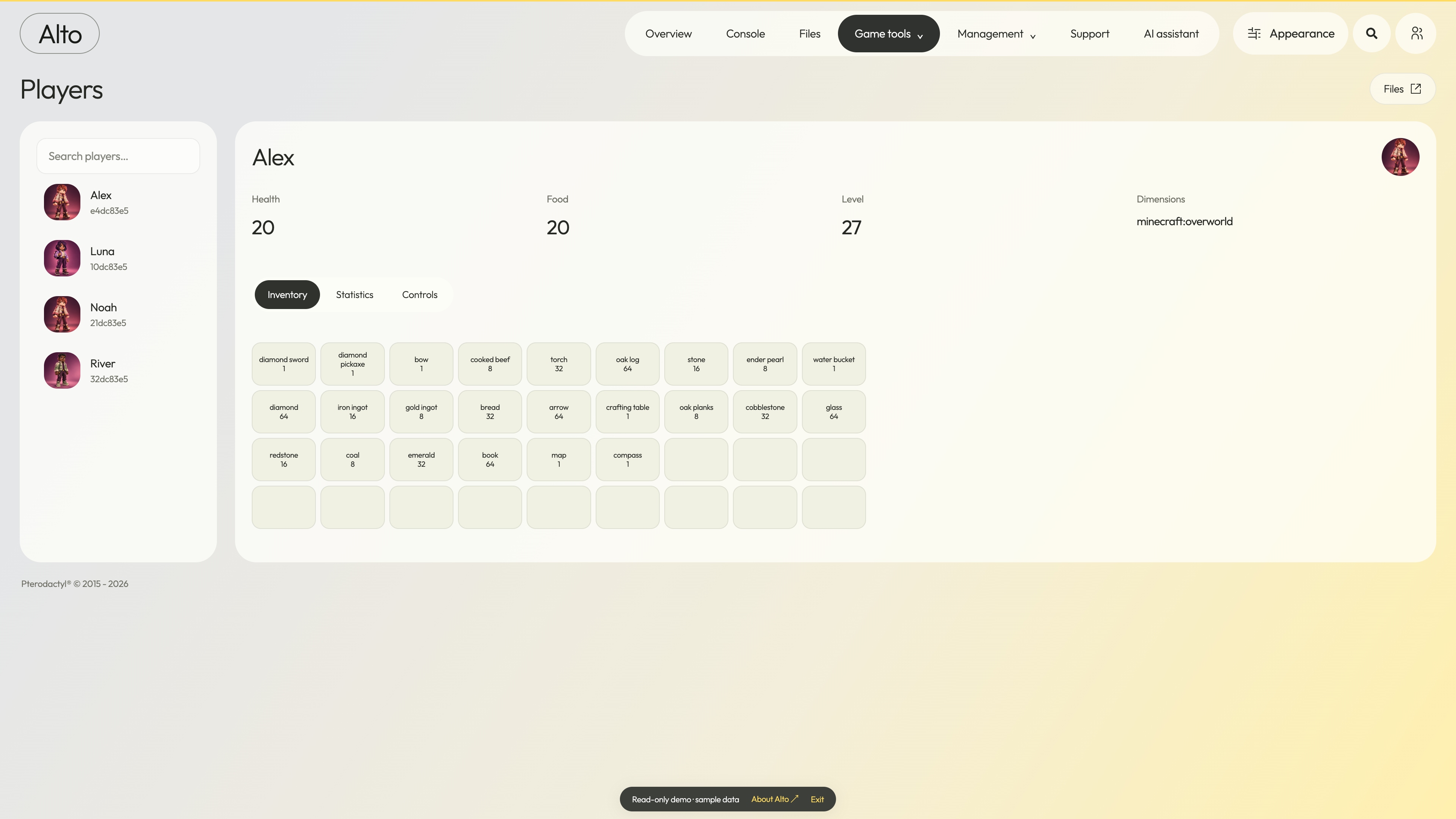 Alto — Players & inventory · sample data