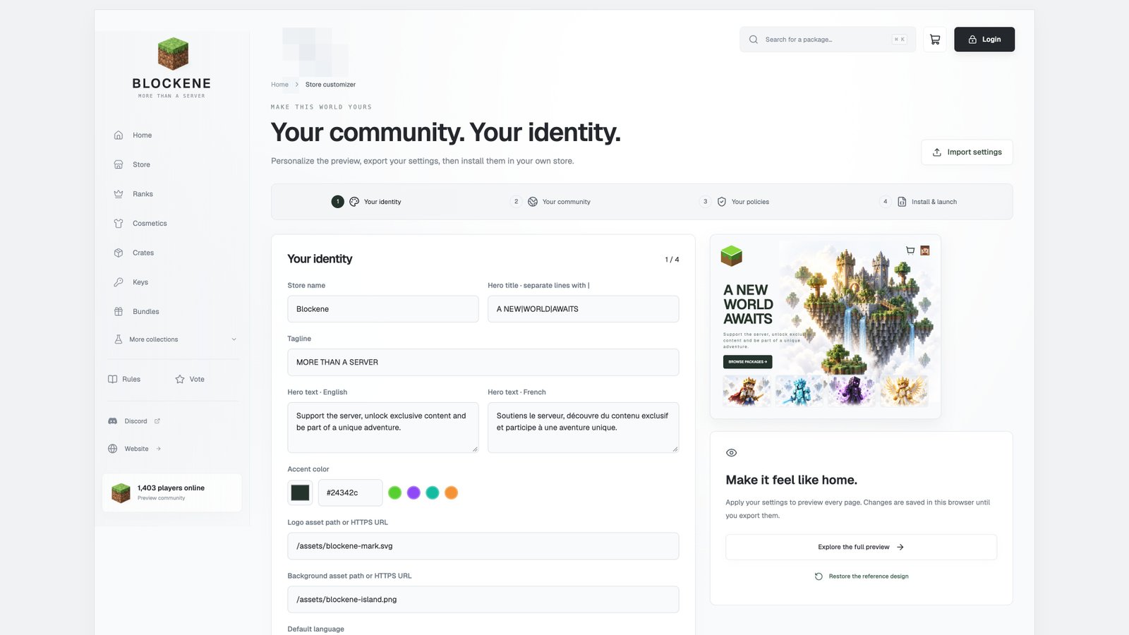 Guided customization — actual Blockene interface with sample data