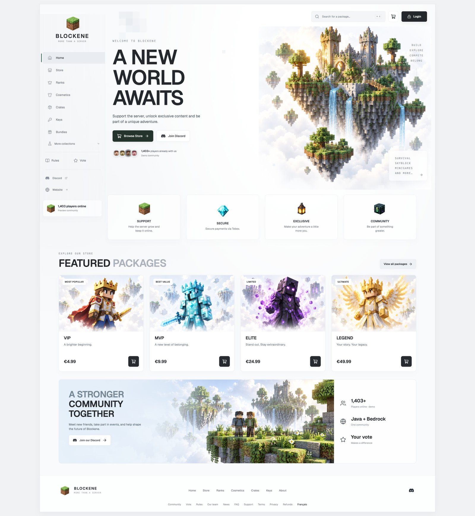 Actual Blockene homepage with light Minecraft artwork and featured ranks