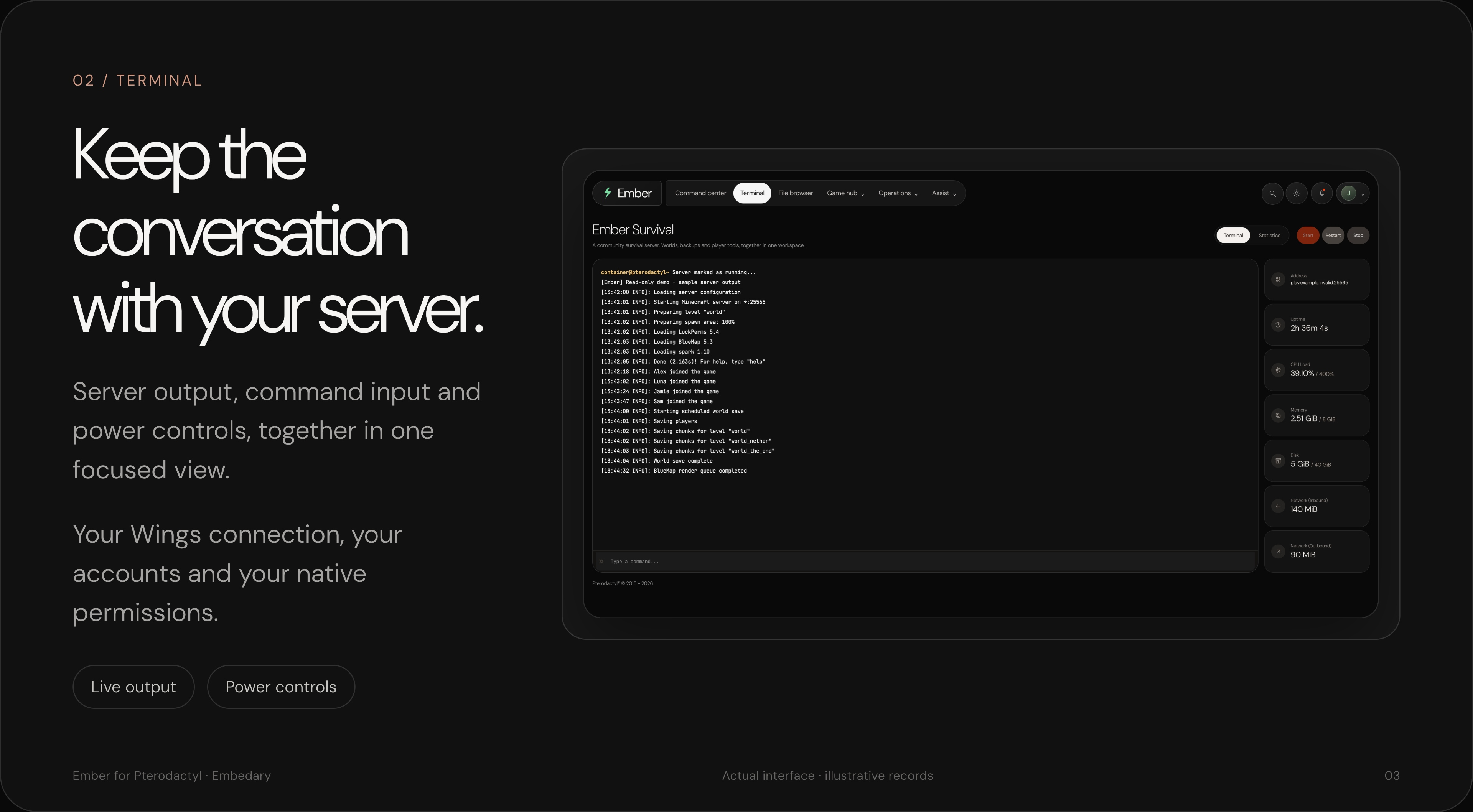 Ember terminal, native resource readings and server power controls.