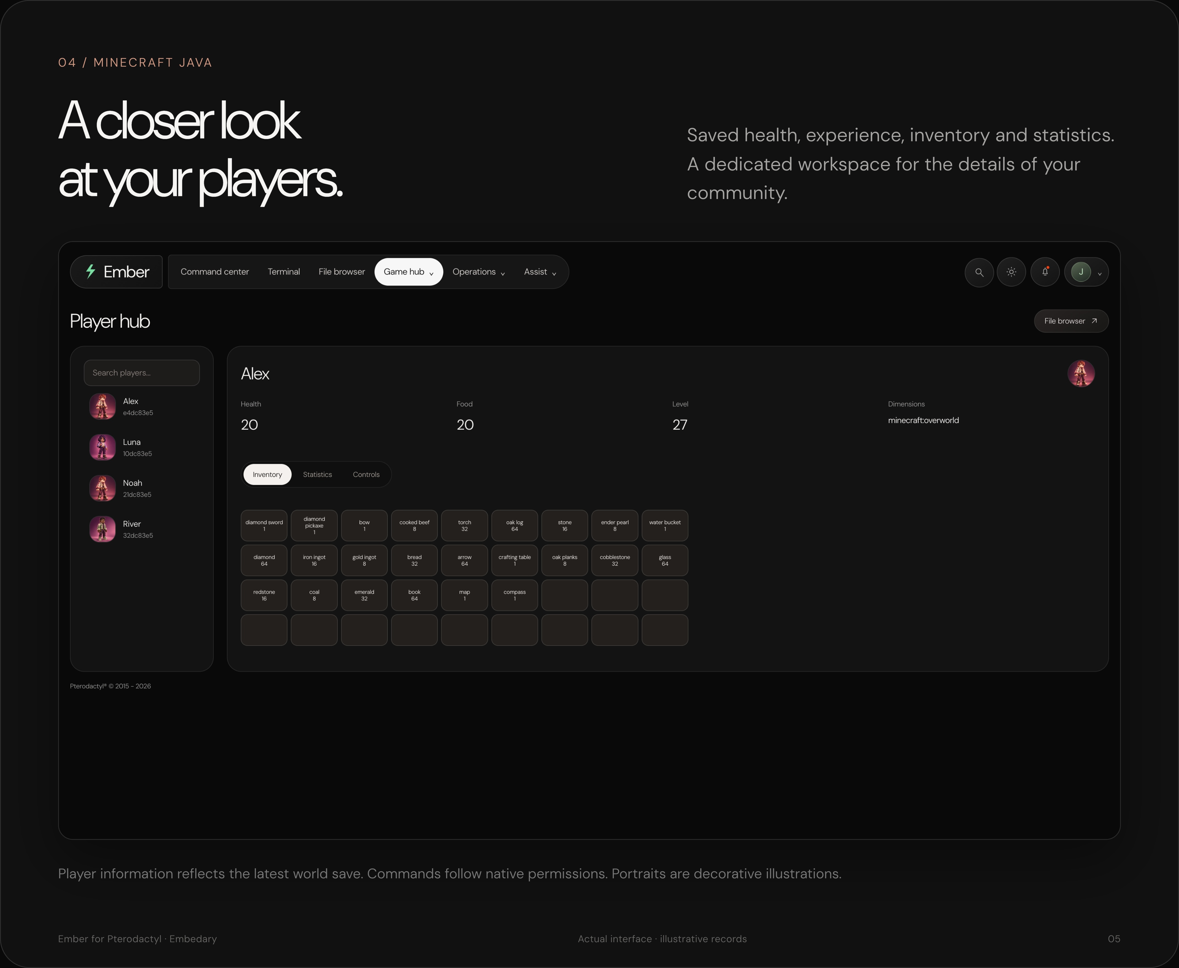 Ember Minecraft Java player workspace, saved inventory and player information.