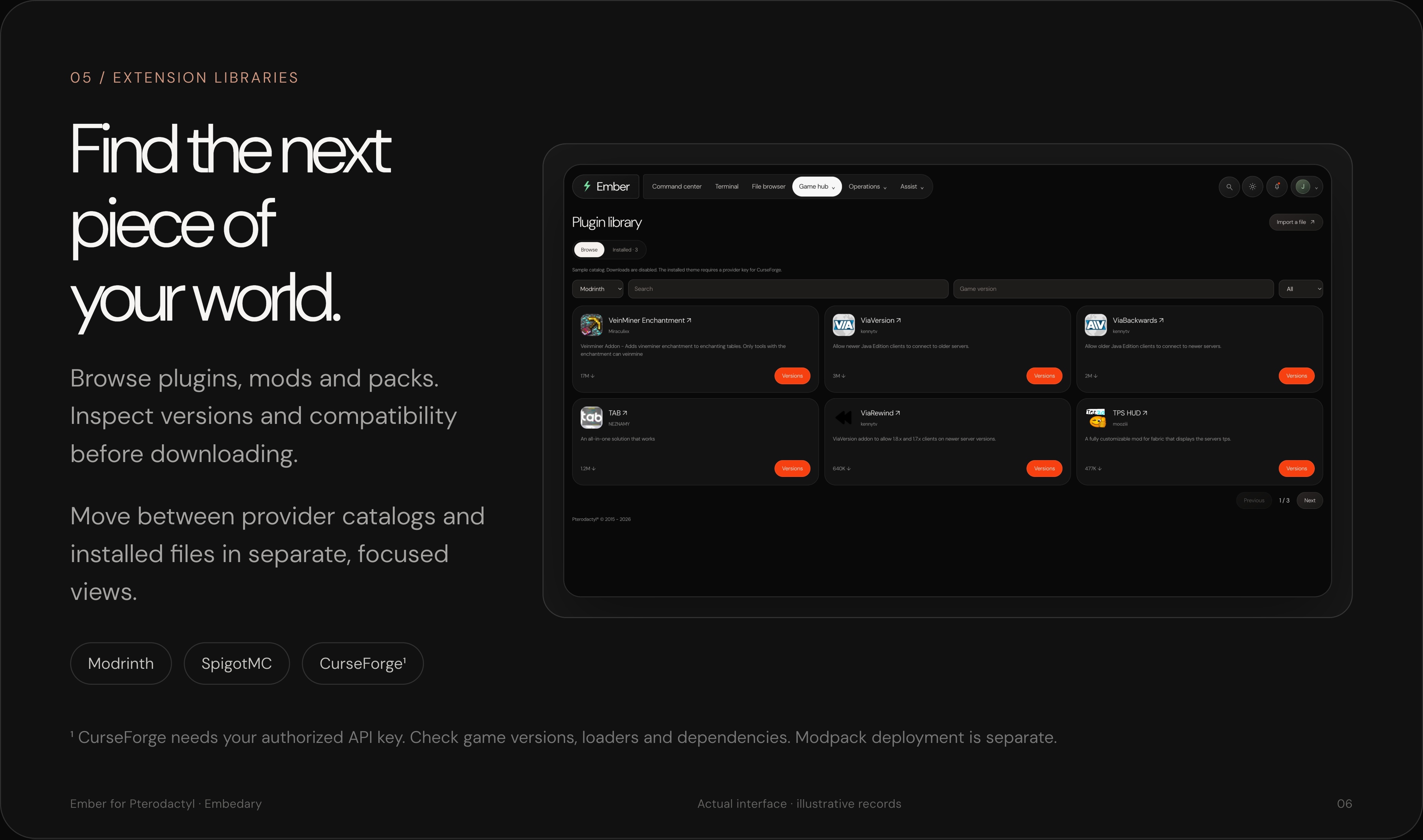 Ember plugin library with catalog browsing and installed-file views.