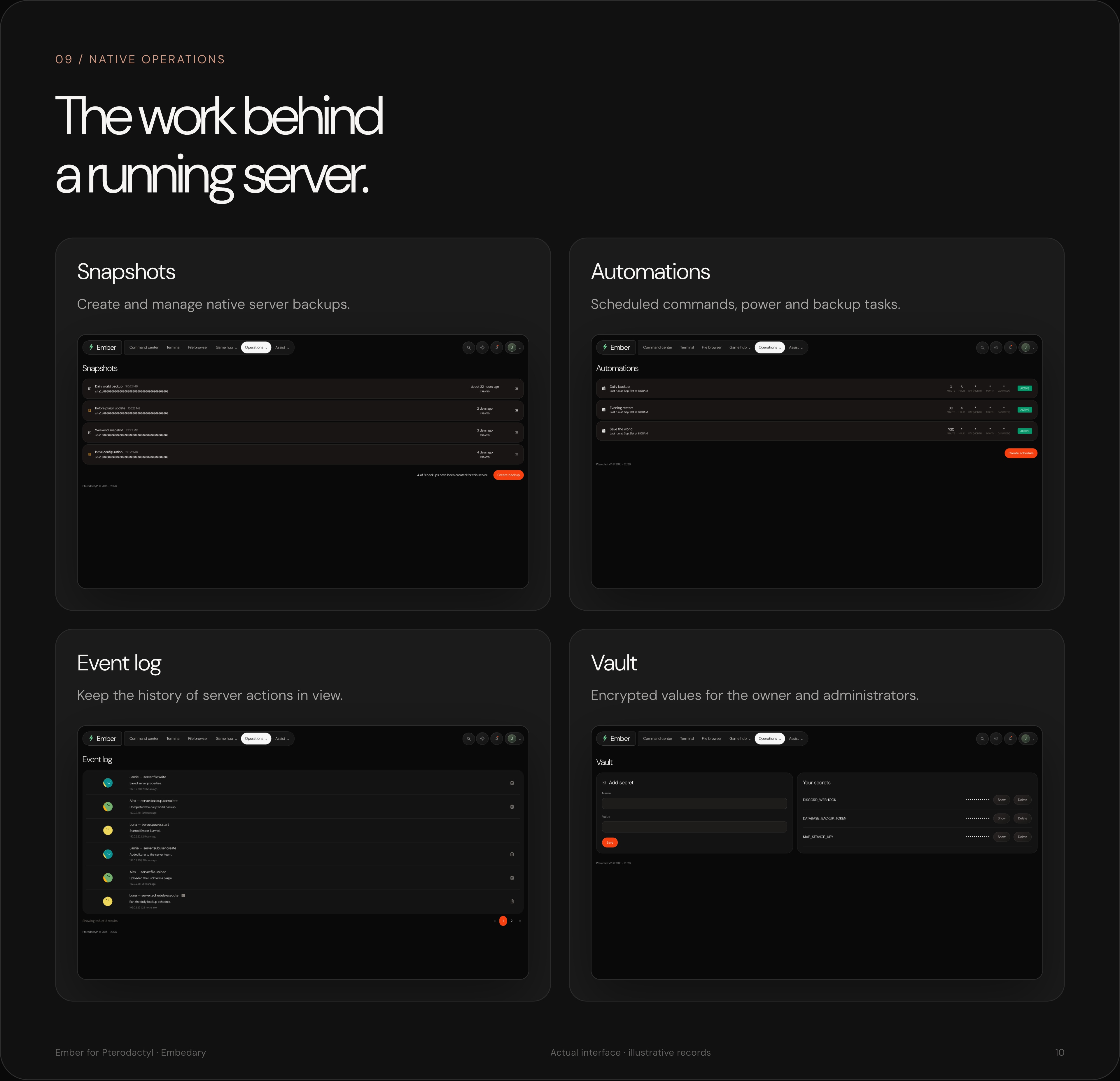 Ember native backups, schedules, server activity and encrypted secrets.