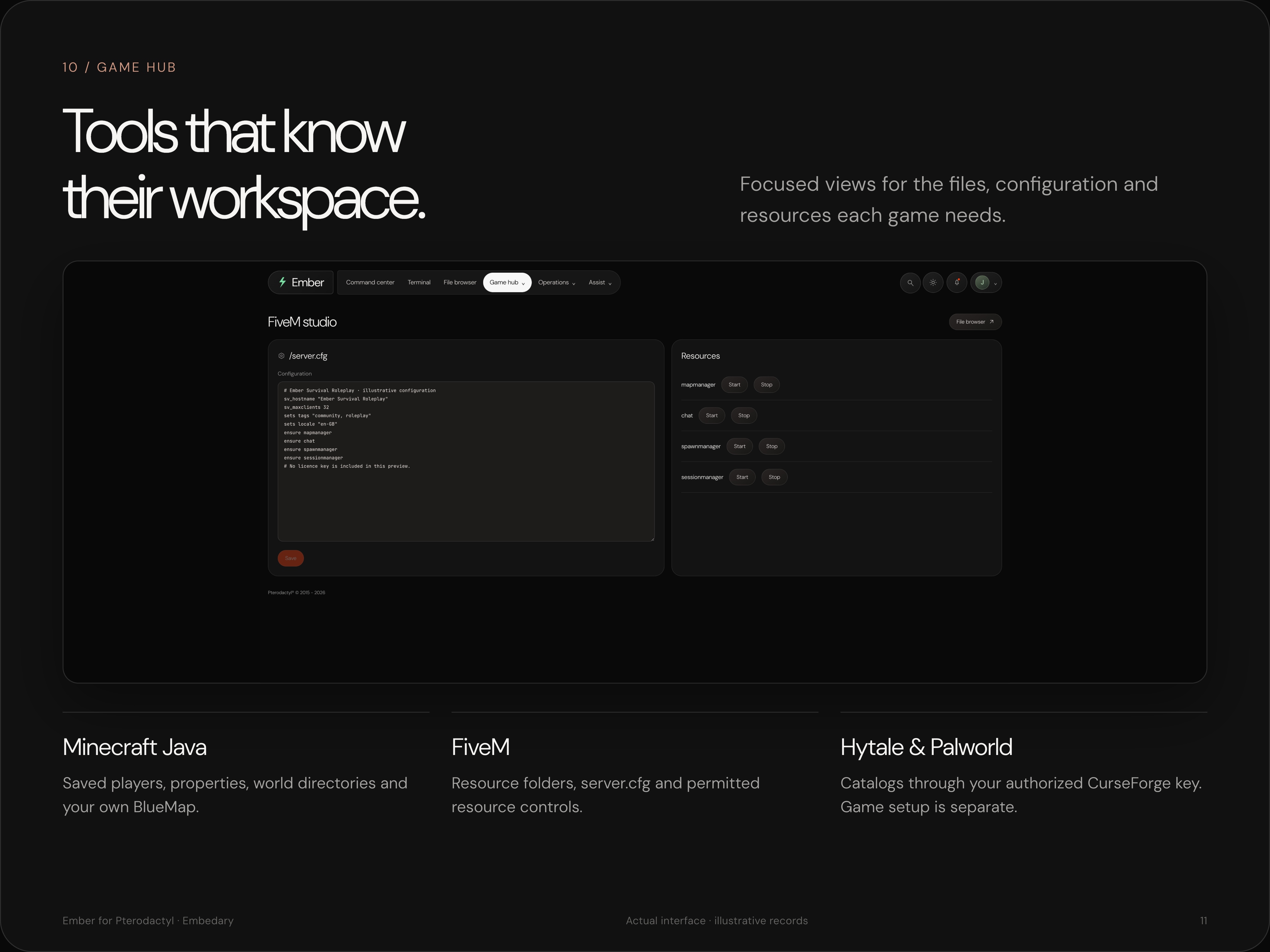 Ember game workspaces for Minecraft Java, FiveM and optional CurseForge catalogs.