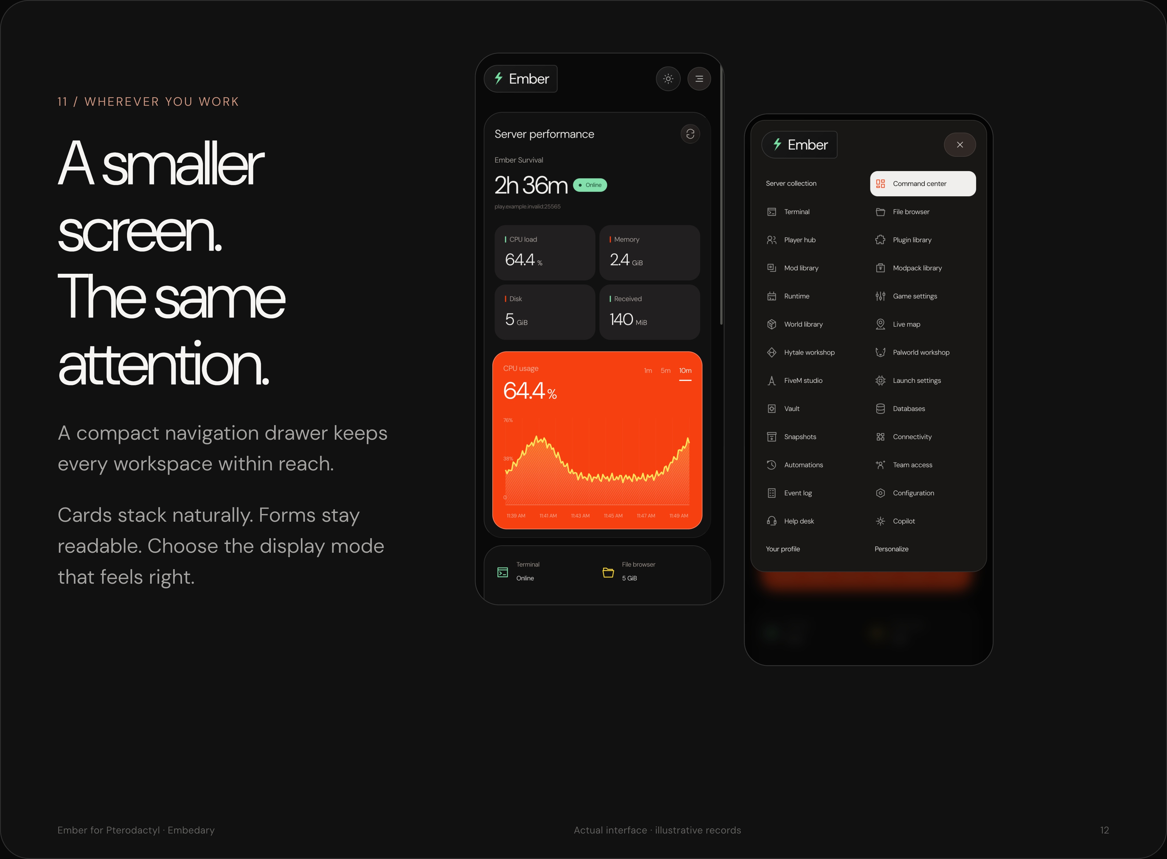 Actual Ember mobile command center and complete navigation drawer.