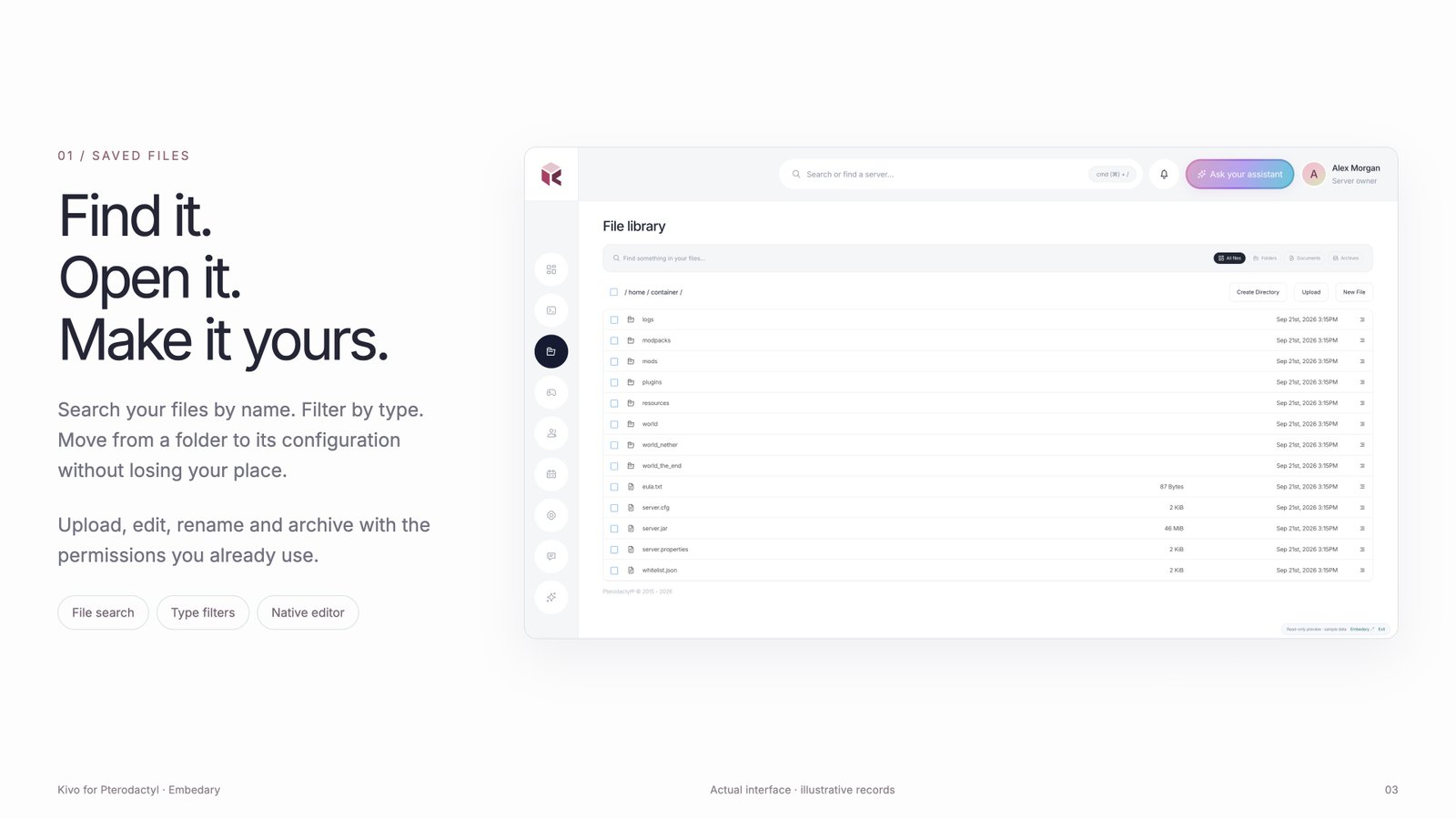 Kivo file library with a search field, type filters, folders and native file operations.