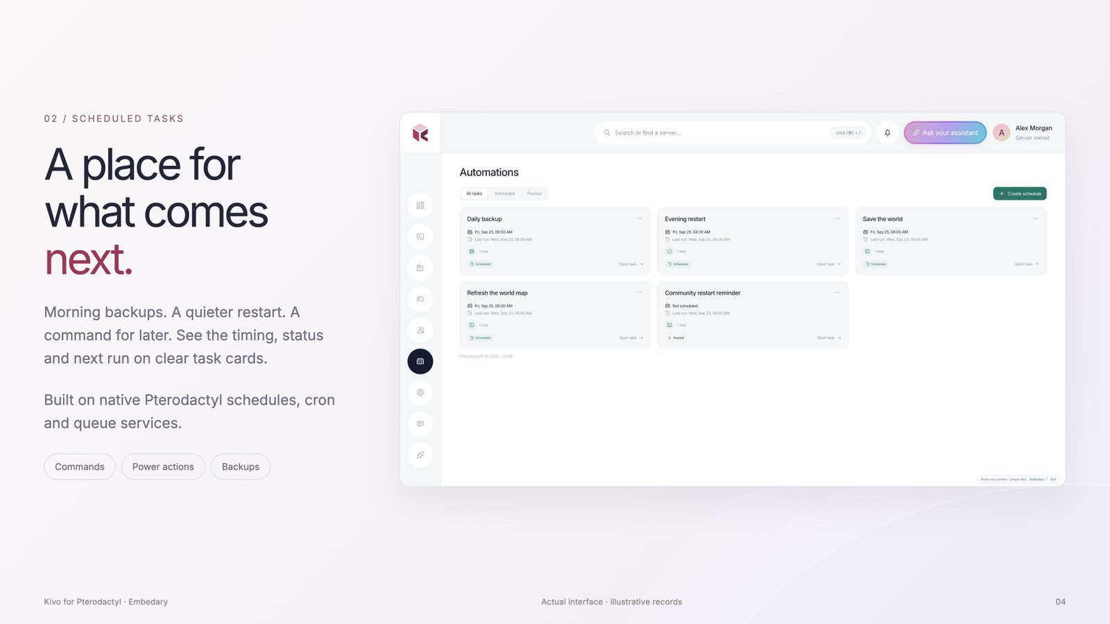 Kivo scheduled task cards with timing, status, next run and contextual actions.