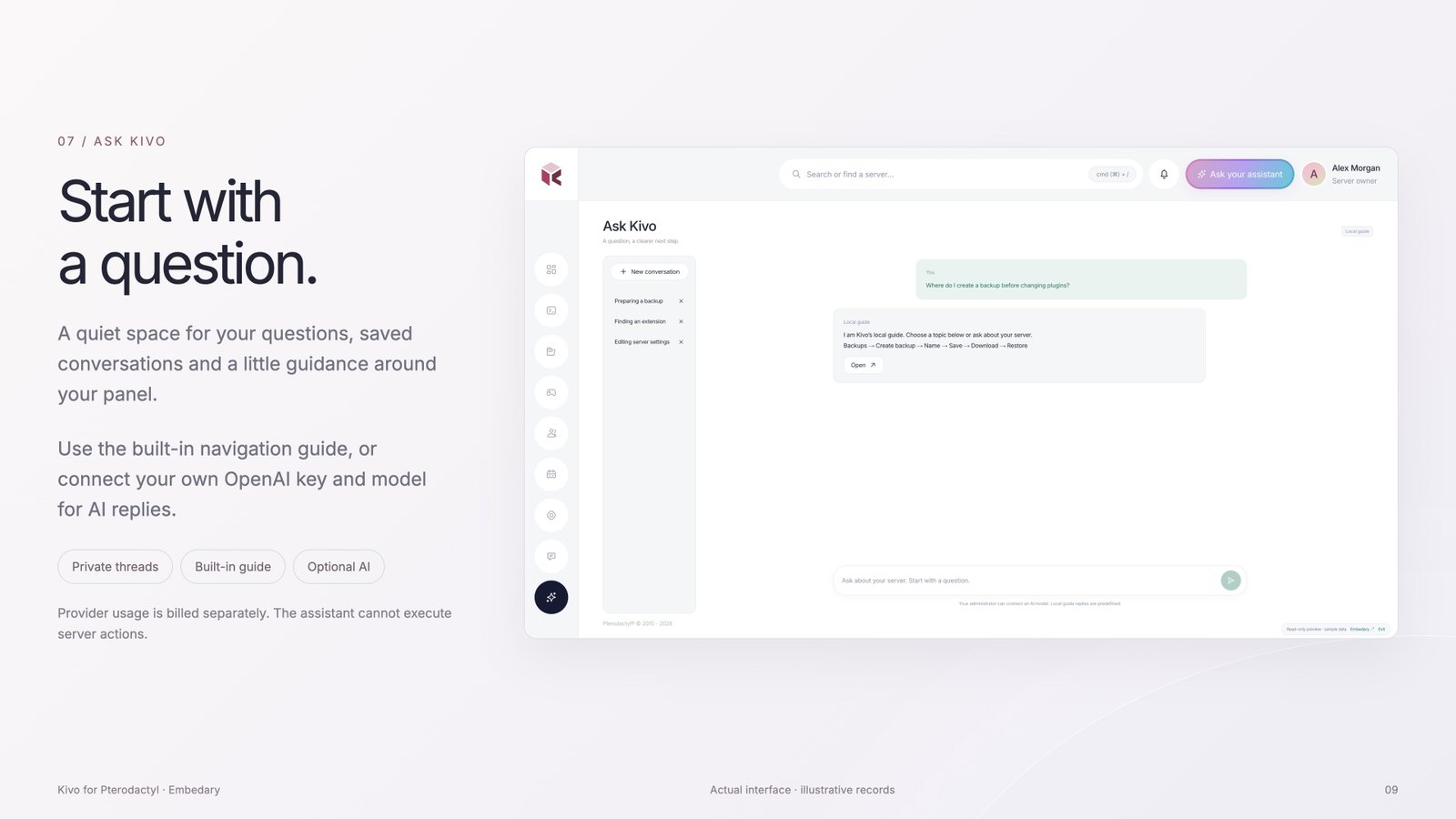 Kivo assistant interface with private threads and a message composer.