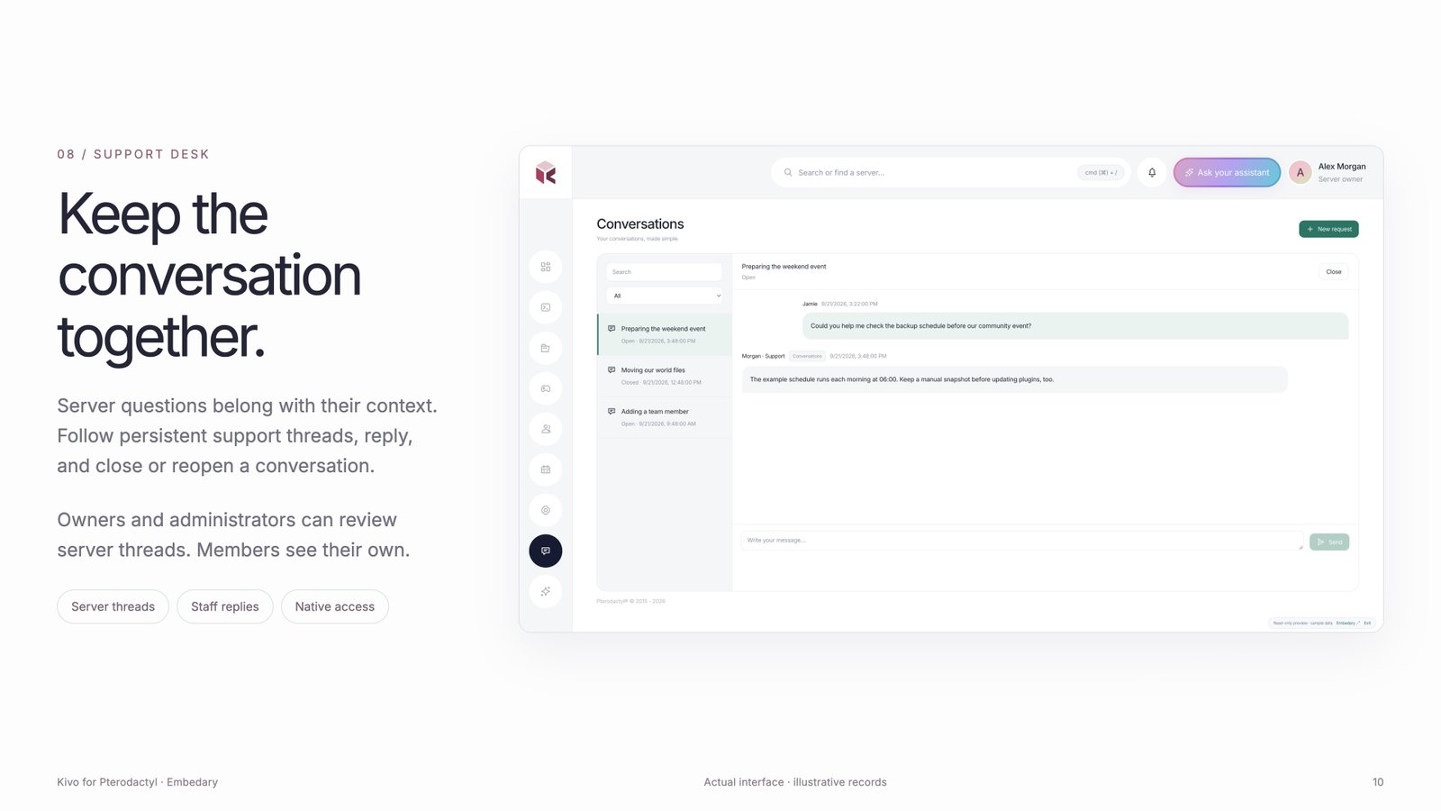 Kivo server support desk with persistent conversations and staff replies.