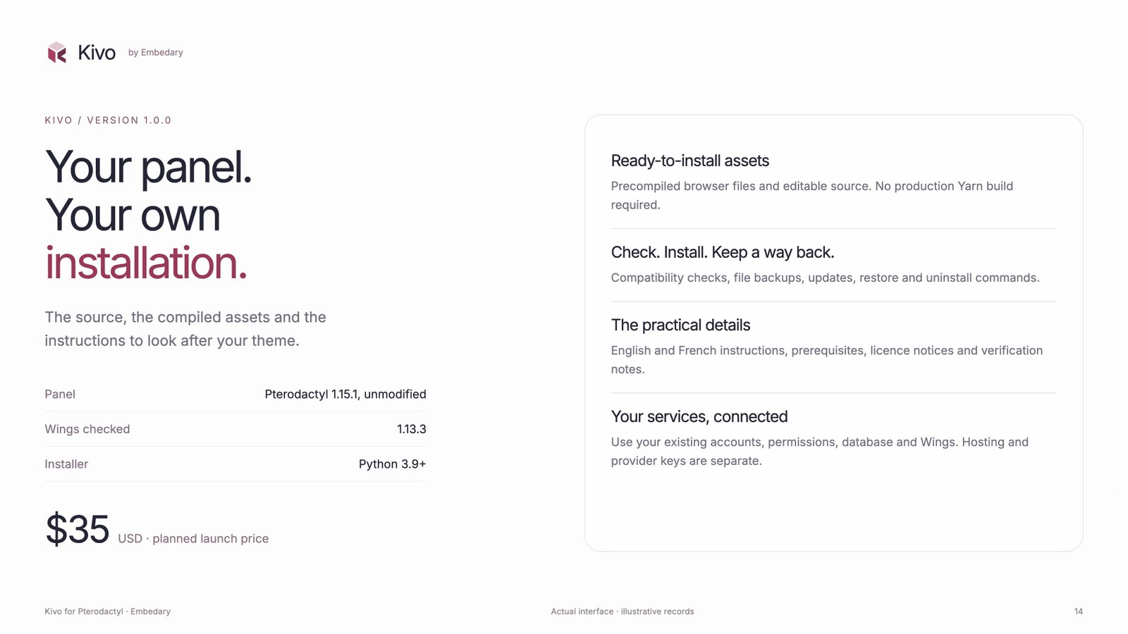 Kivo package contents, Pterodactyl compatibility, installer and planned price of 35 USD.