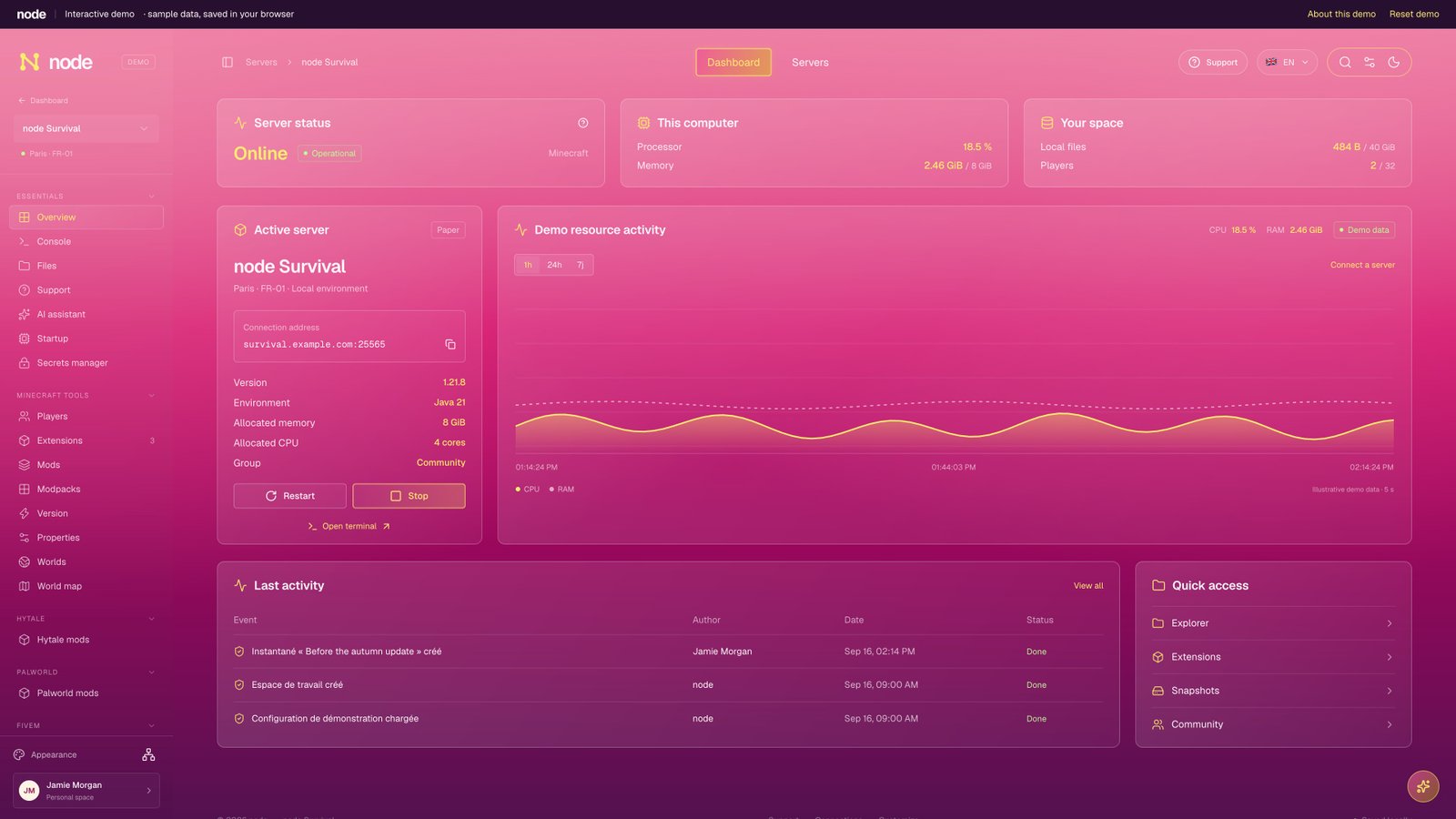 Node dashboard in the original rose palette