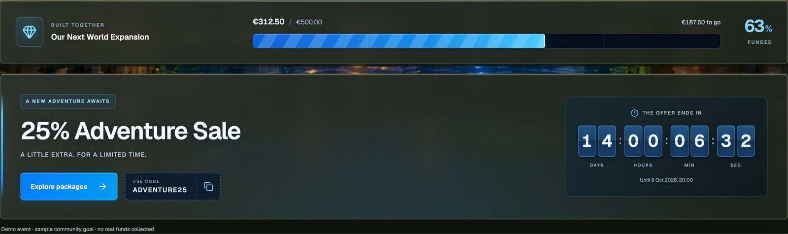 Campaign & community goal — actual Miny interface with sample data
