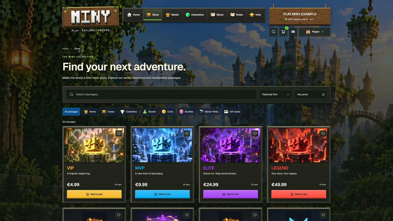 Product catalogue — actual Miny interface with sample data
