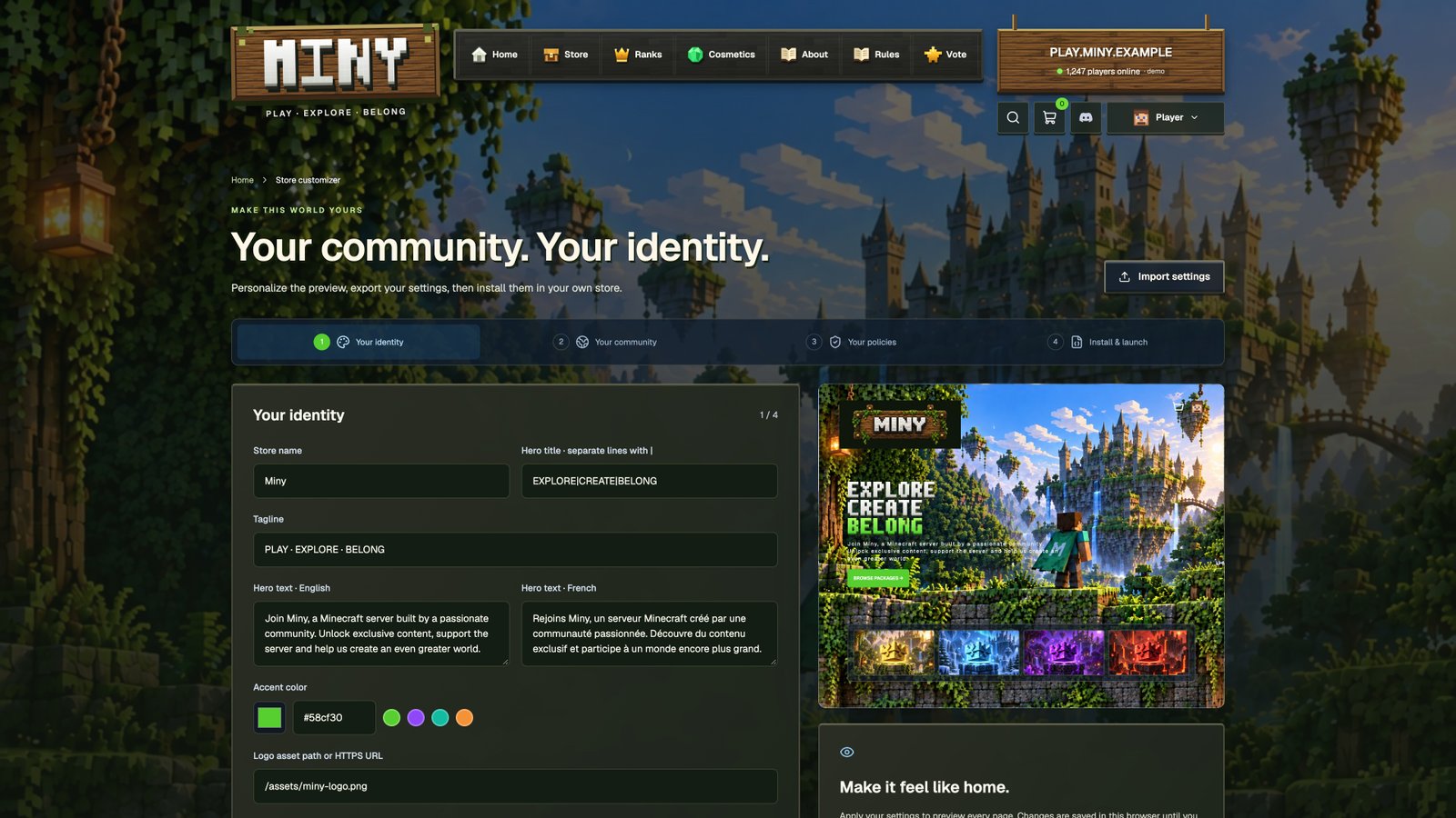 Guided customization — actual Miny interface with sample data