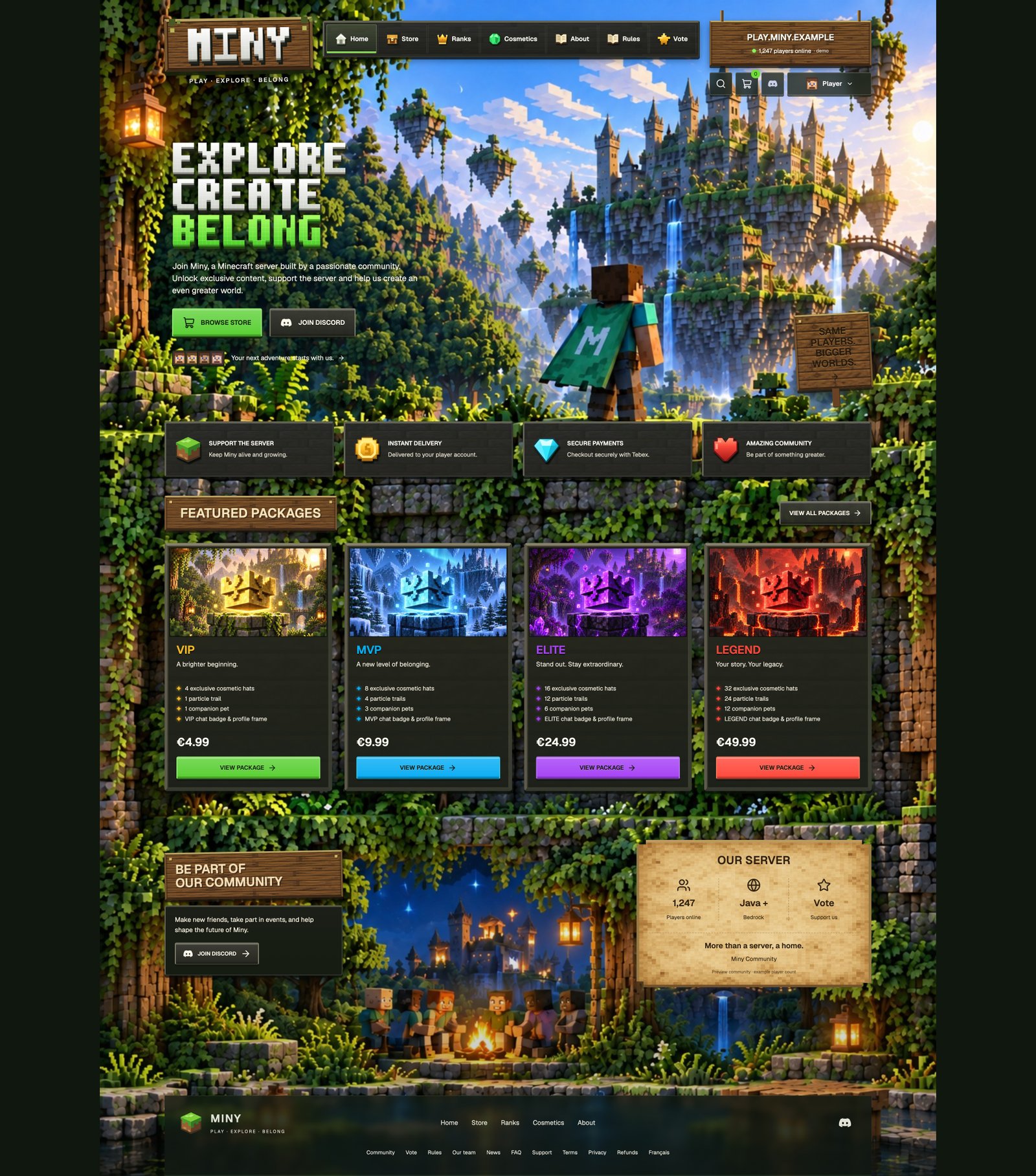 Actual Miny homepage with forest-inspired Minecraft artwork and featured ranks