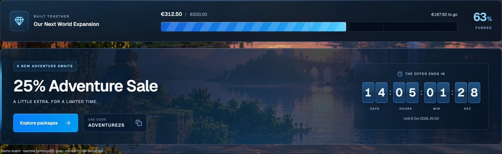 Campaign & community goal — actual Nexora interface with sample data
