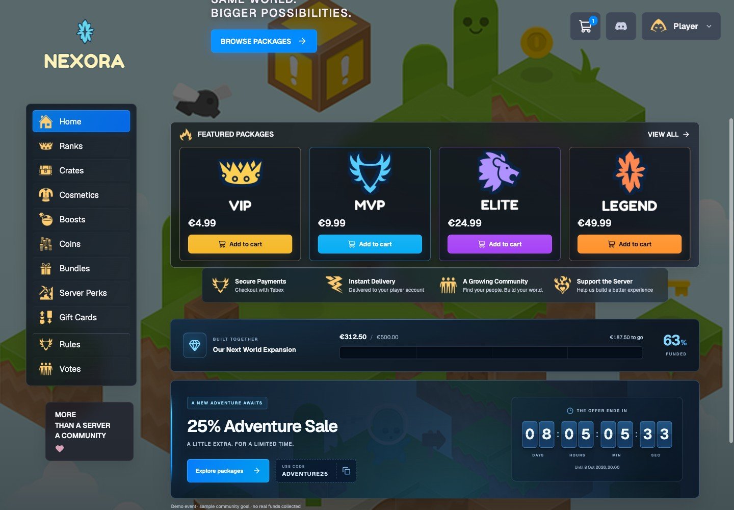 Animated community goal and adventure promotion in Nexora