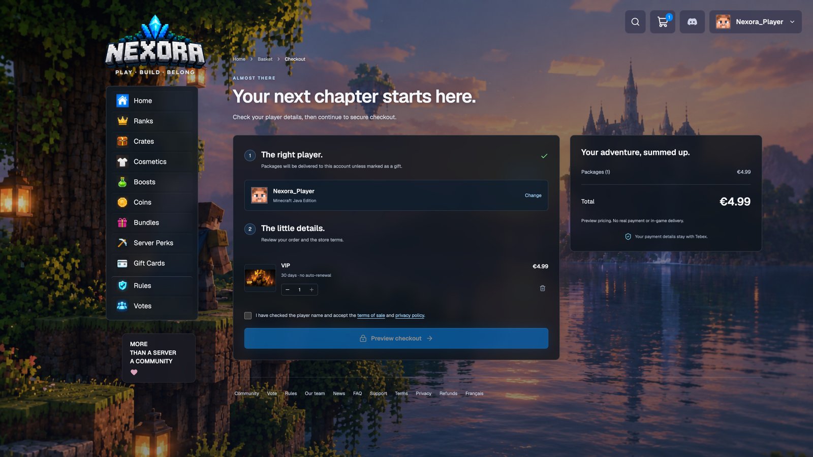 Checkout — actual Nexora interface with sample data