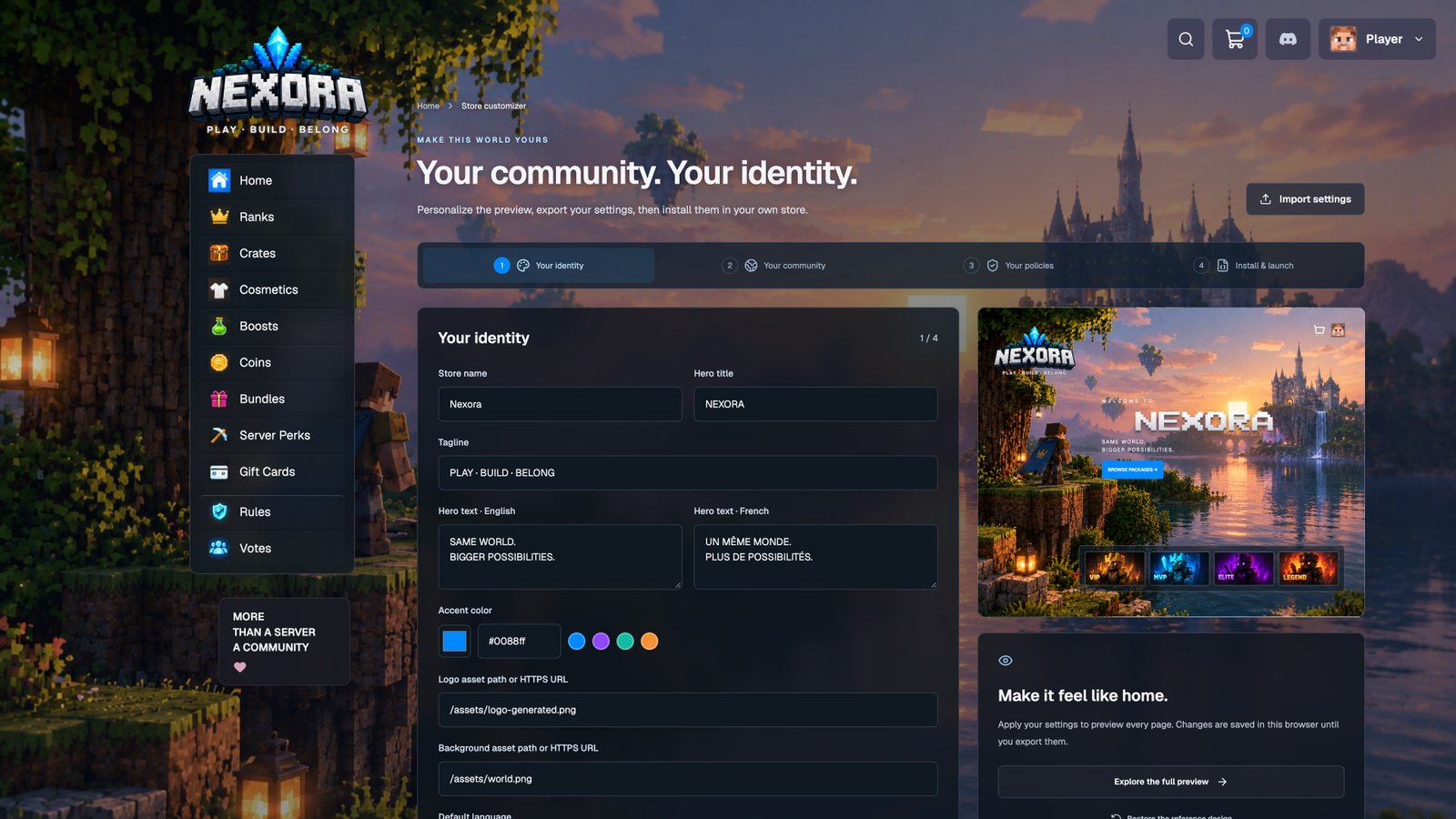 Guided customization — actual Nexora interface with sample data