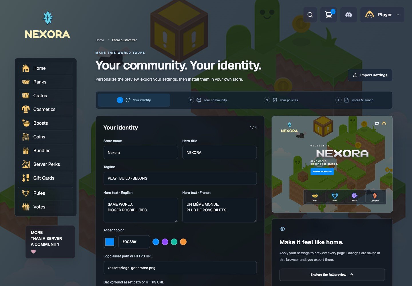 The Nexora guided customization editor