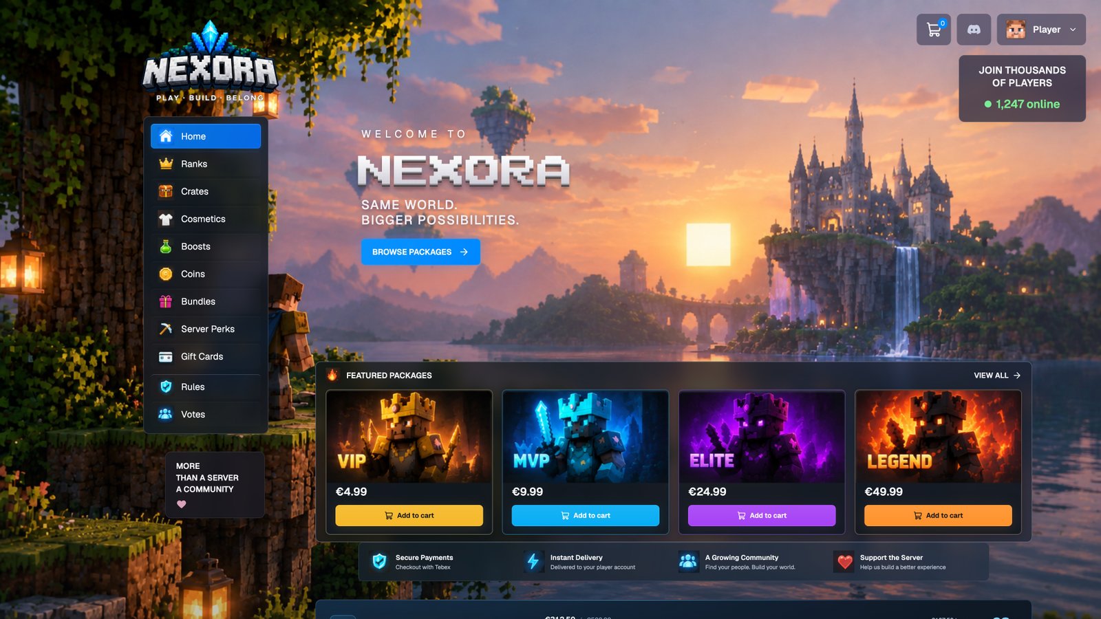 Actual Nexora homepage with cinematic Minecraft artwork and featured ranks