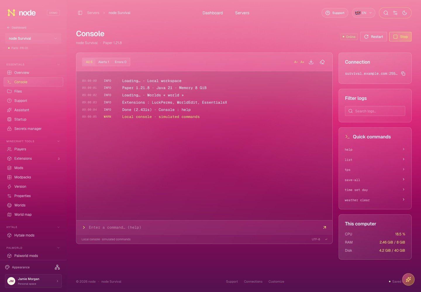 Console — Node design preview with sample data