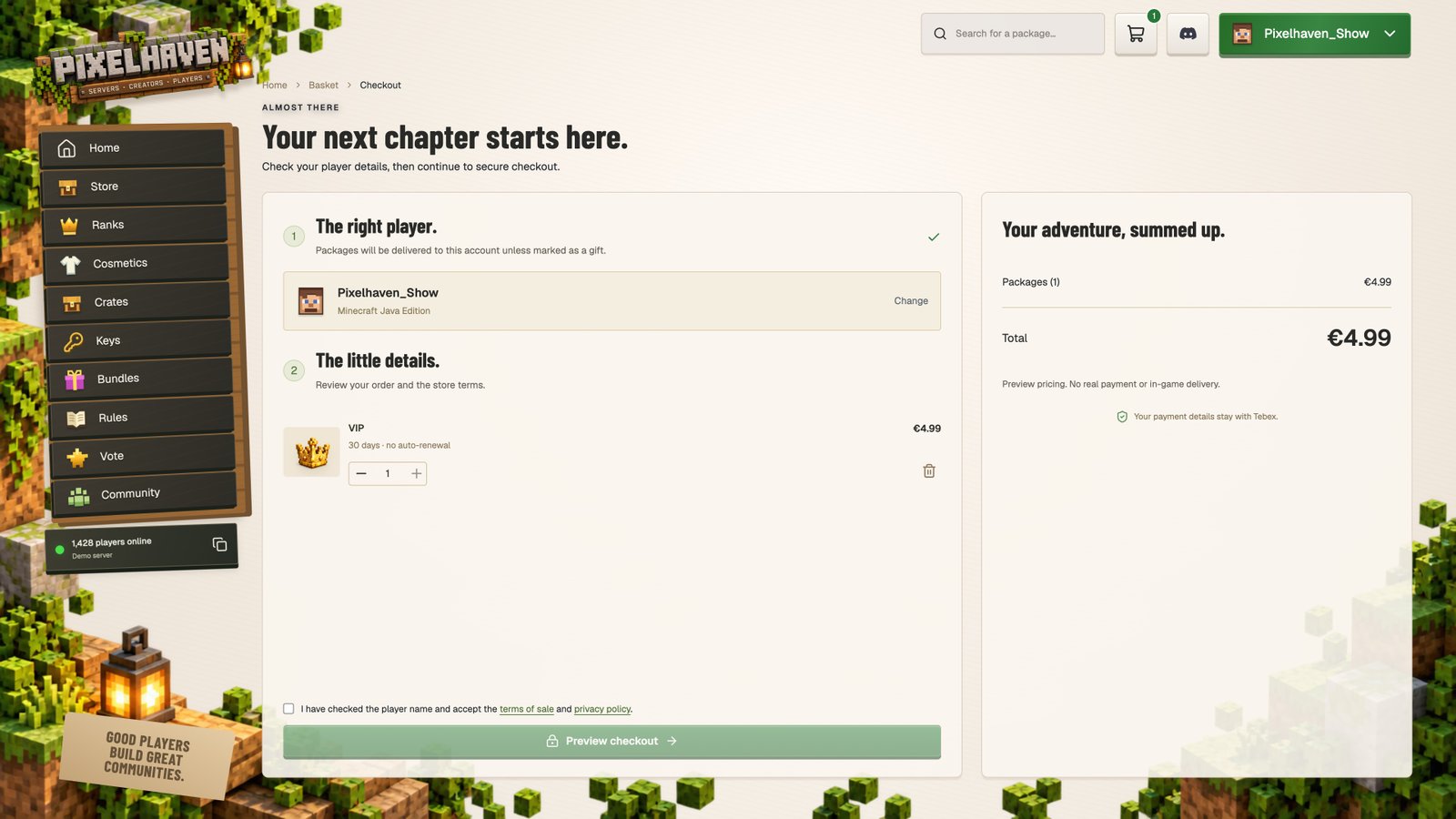 Pixelhaven demonstration checkout summary