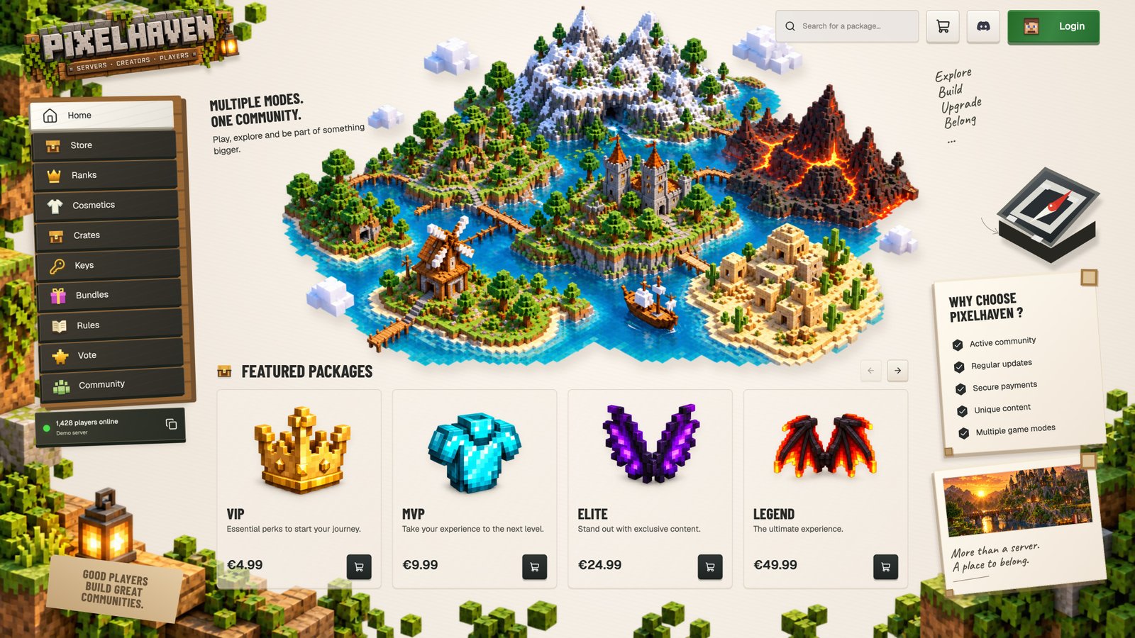 Actual Pixelhaven homepage featuring a Minecraft landscape and four ranks